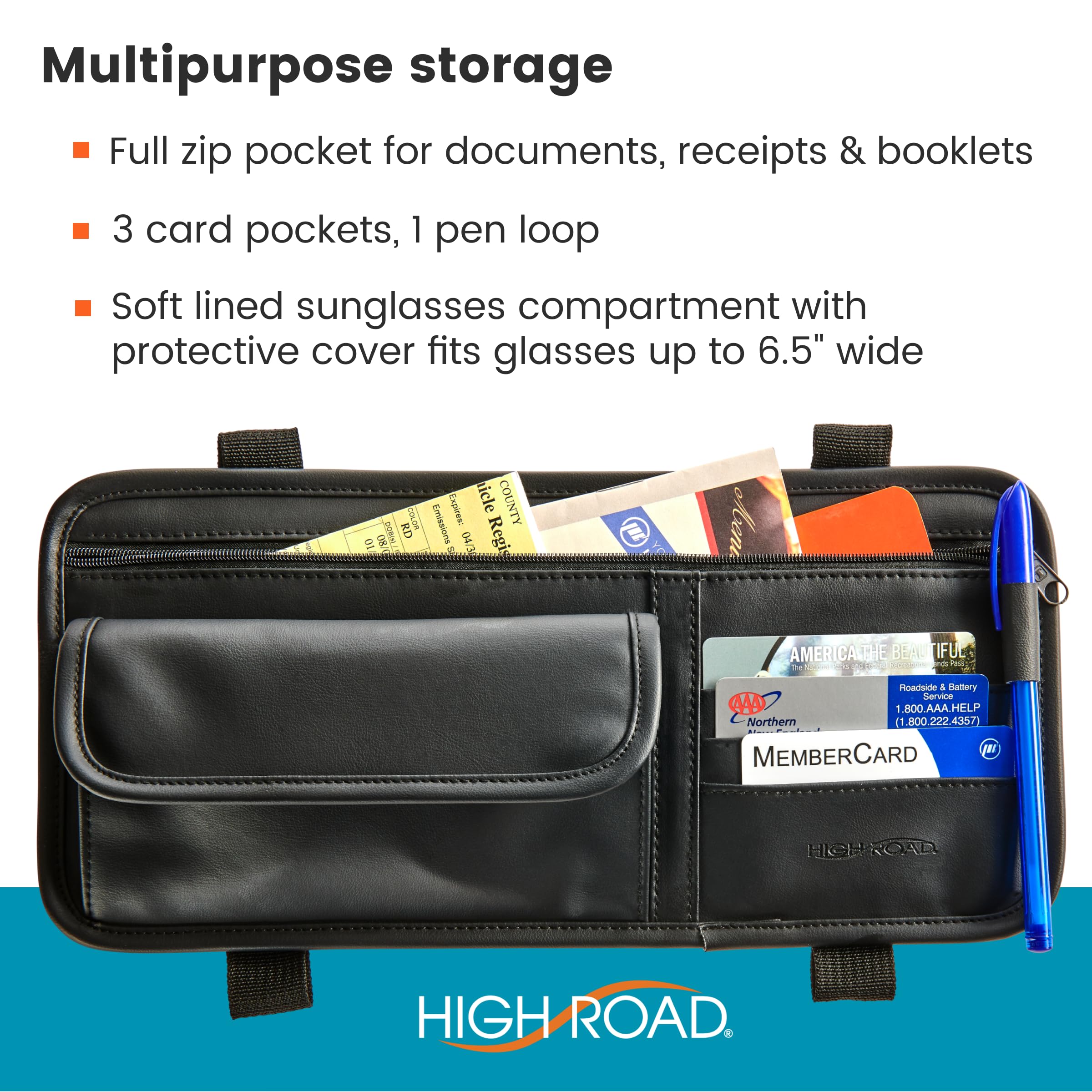 High Road Sunglasses Holder for Car Visor - Faux Leather Sunglasses Storage Organizer with Card Pockets and Zippered Car Document Compartment