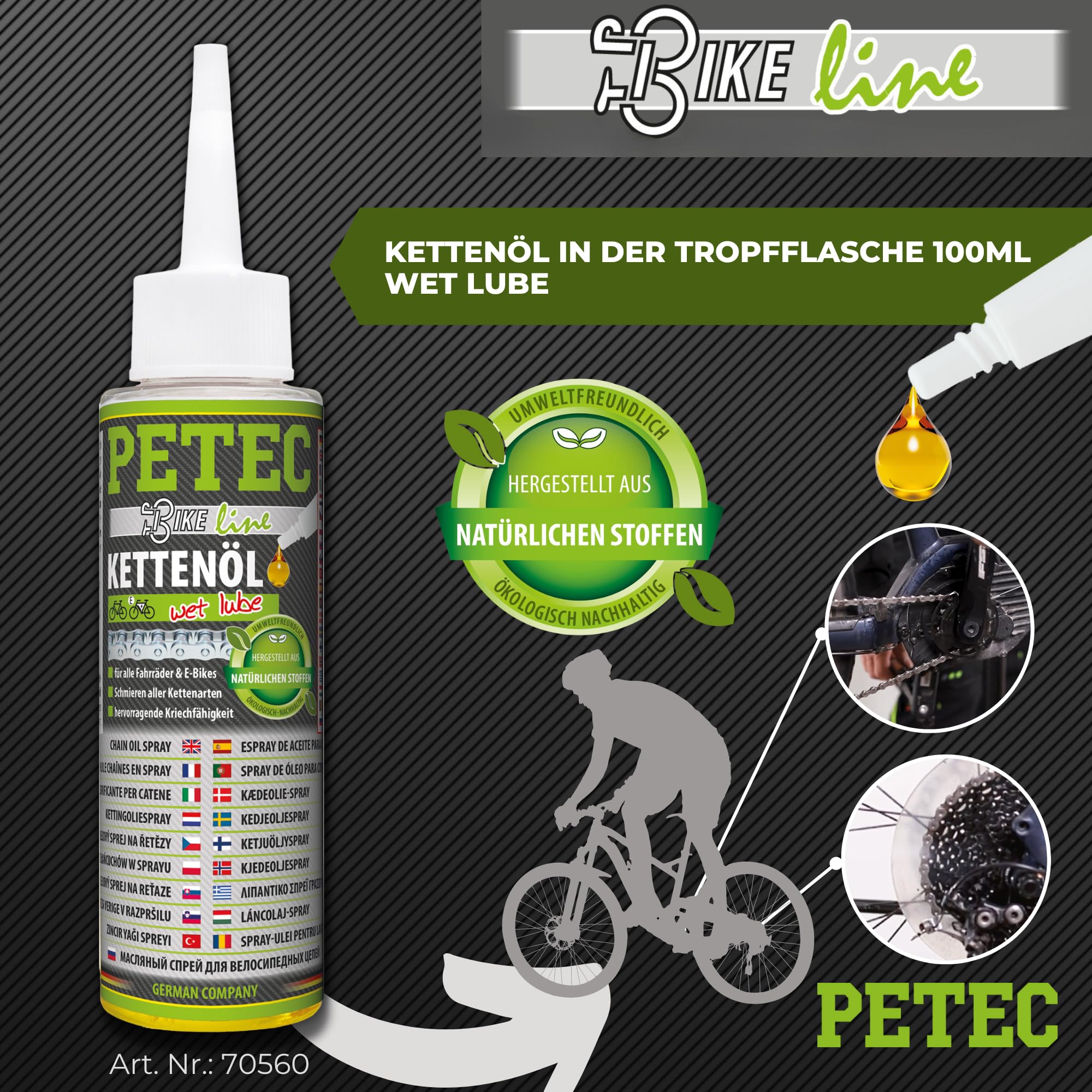 PETEC Huile pour chaîne de vélo électrique - Huile mouillée - 100 ml - Flacon compte-gouttes pour chaîne de vélo - Entretien de la chaîne + lubrification pour vélo électrique, vélos, transmission et