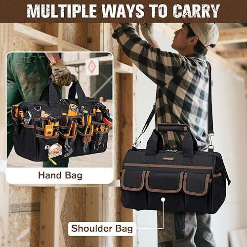 Miniatura 6 de Bolsas de herramientas resistentes de 16.5 pulgadas para hombres, bolsa de herramientas grande de 34 bolsillos con correa de hombro ajustable,