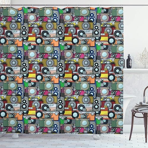 Lunarable Retro Shower Curtain, Grunge Retro Camera Pattern Cartoon Style Illustration Vintage Technology Design, Cloth Fabric Bathroom Decor Set
