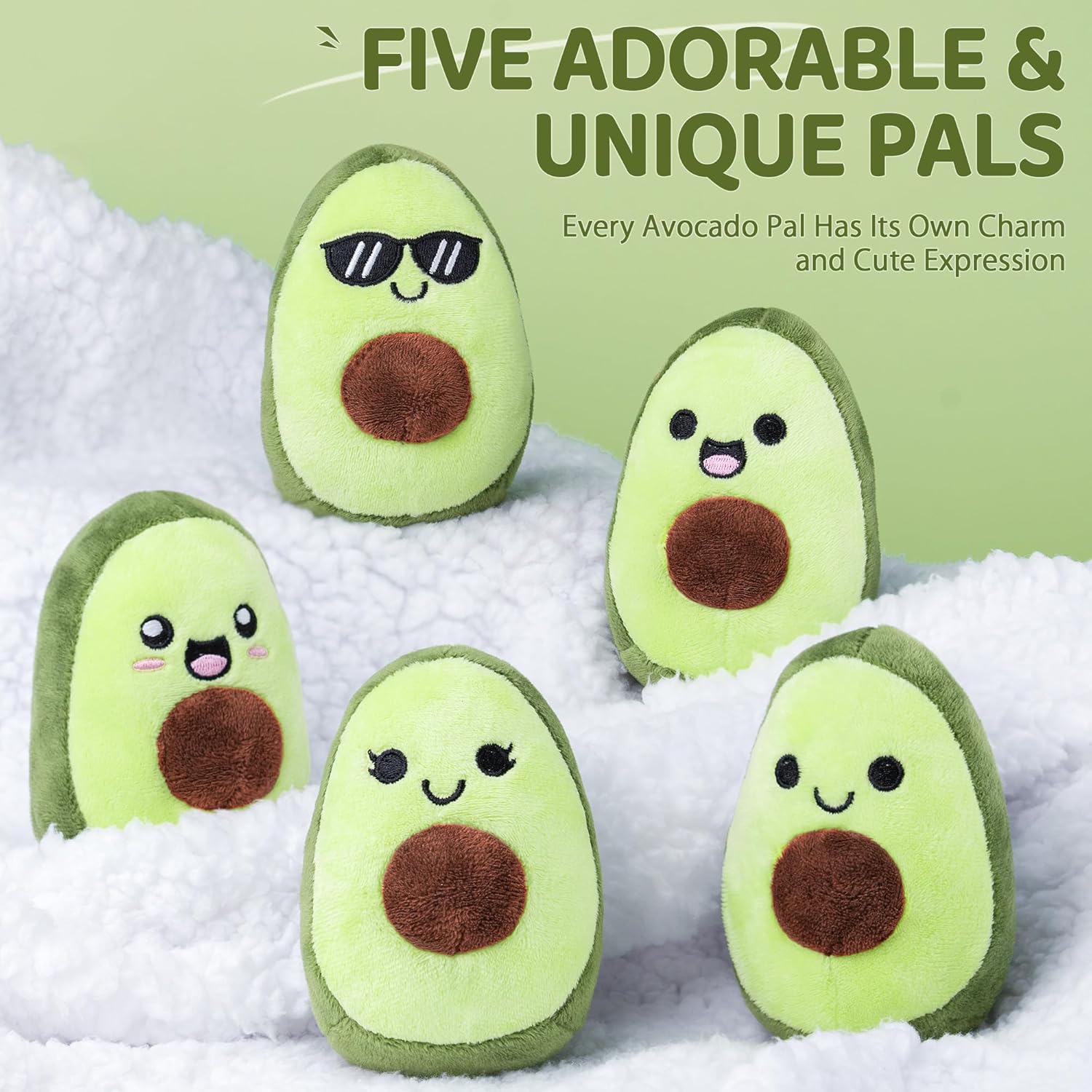 Emotional Support Plush Avocados, Squishy Stuffed Animals and Plushies Set, Includes 5 Emotional Support Food Plushies with Carrying Basket, Cute Stuff and Great Gifts for Mom Women Men