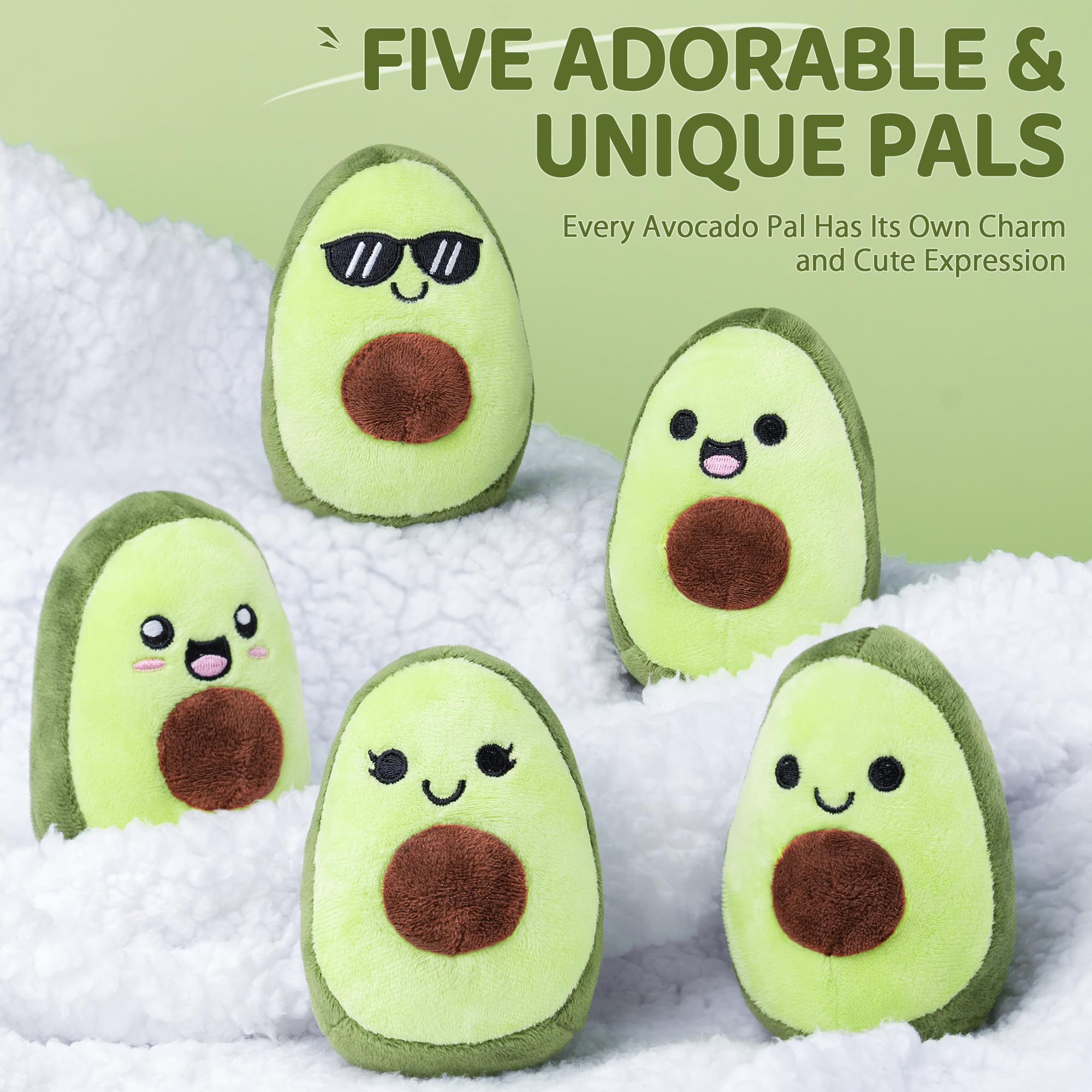 Emotional Support Plush Avocados, Squishy Stuffed Animals and Plushies Set, Includes 5 Emotional Support Food Plushies with Carrying Basket, Cute Stuff and Great Gifts for Women Men