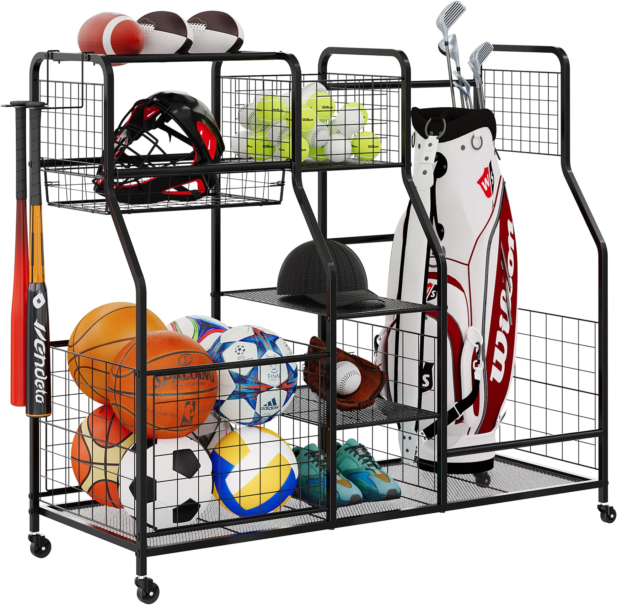 Garage Sports Equipment Organizer & Outdoor Toy Storage, Ball Storage Golf Organizer For Garage with Baskets, 5 Hooks