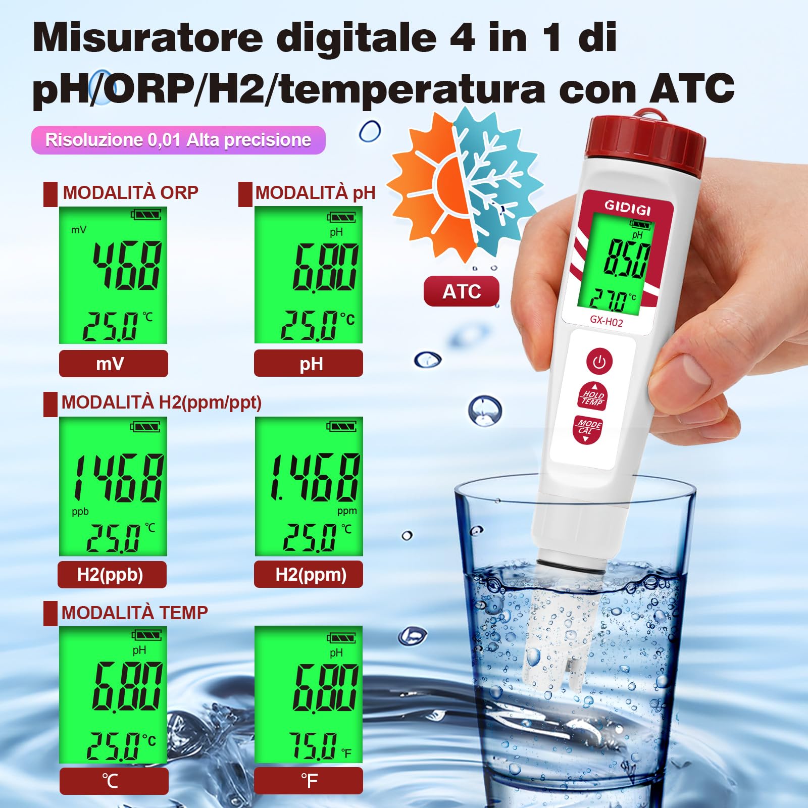 Tester di idrogeno per acqua, misuratore di pH GIDIGI, misuratore di qualità dell'acqua digitale pH/ORP/H2/Temp con ATC, tester ORP, tester di idrogeno ad alta precisione per acqua potabile idroponica