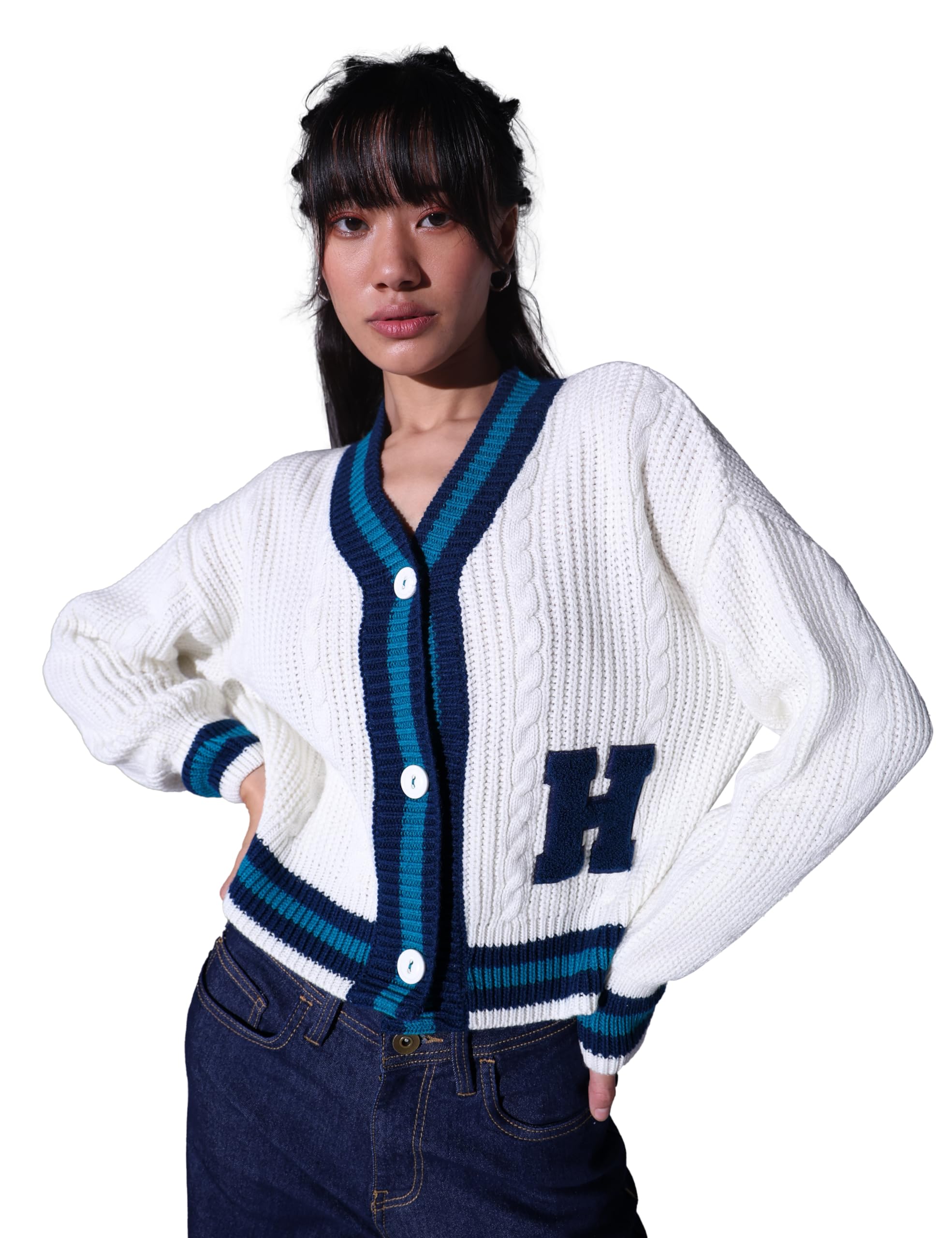 hubberholme Women White Varsity 100% Acrylic Relaxed Cardigan Sweater HHWSWW23003_WH_S-picture-51
