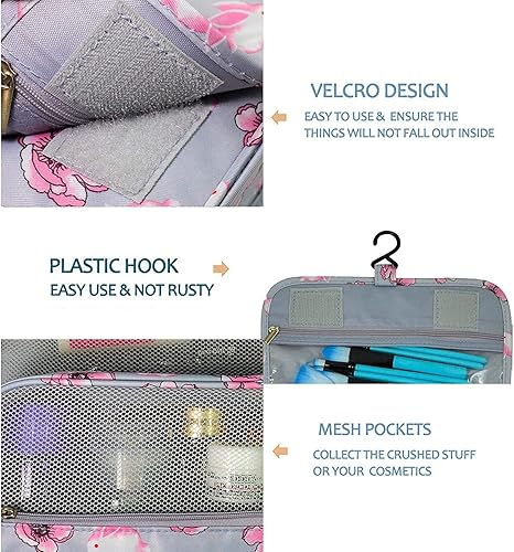Miniatura 5 de Trawila Neceser colgante de viaje, bolsa de cosméticos, organizador de maquillaje para hombres y mujeres con gancho resistente, Gris (Grey Flower),