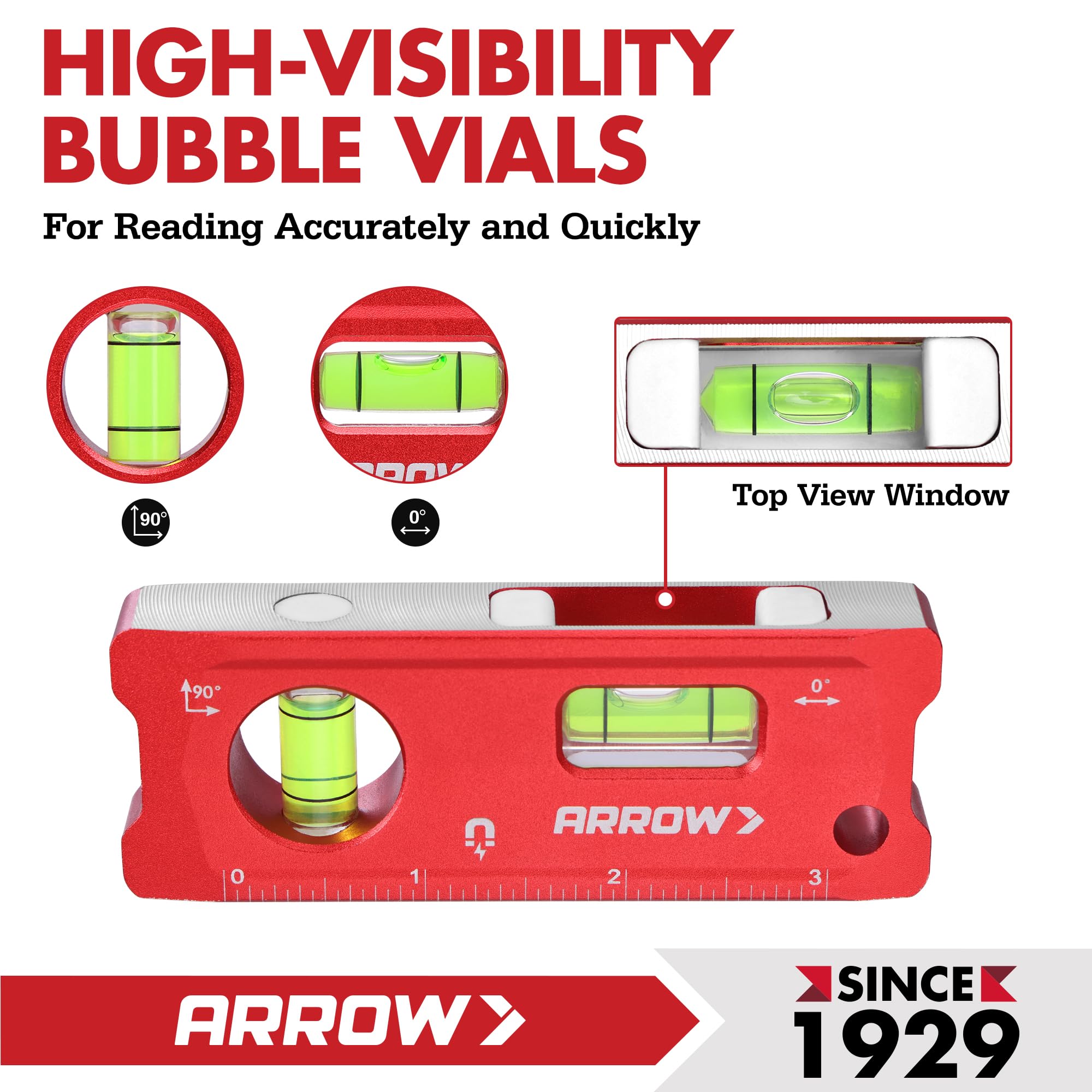 ARROW - Nivel de torpedo de 4 pulgadas, pequeña herramienta niveladora magnética con burbujas de 0°/90°, ventana de visión superior, marco de aleación de aluminio, doble SAE y escalas métricas