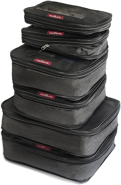 LeanTravel Compression Packing Cubes Luggage Organizers (6) Set (6 Set - Black)