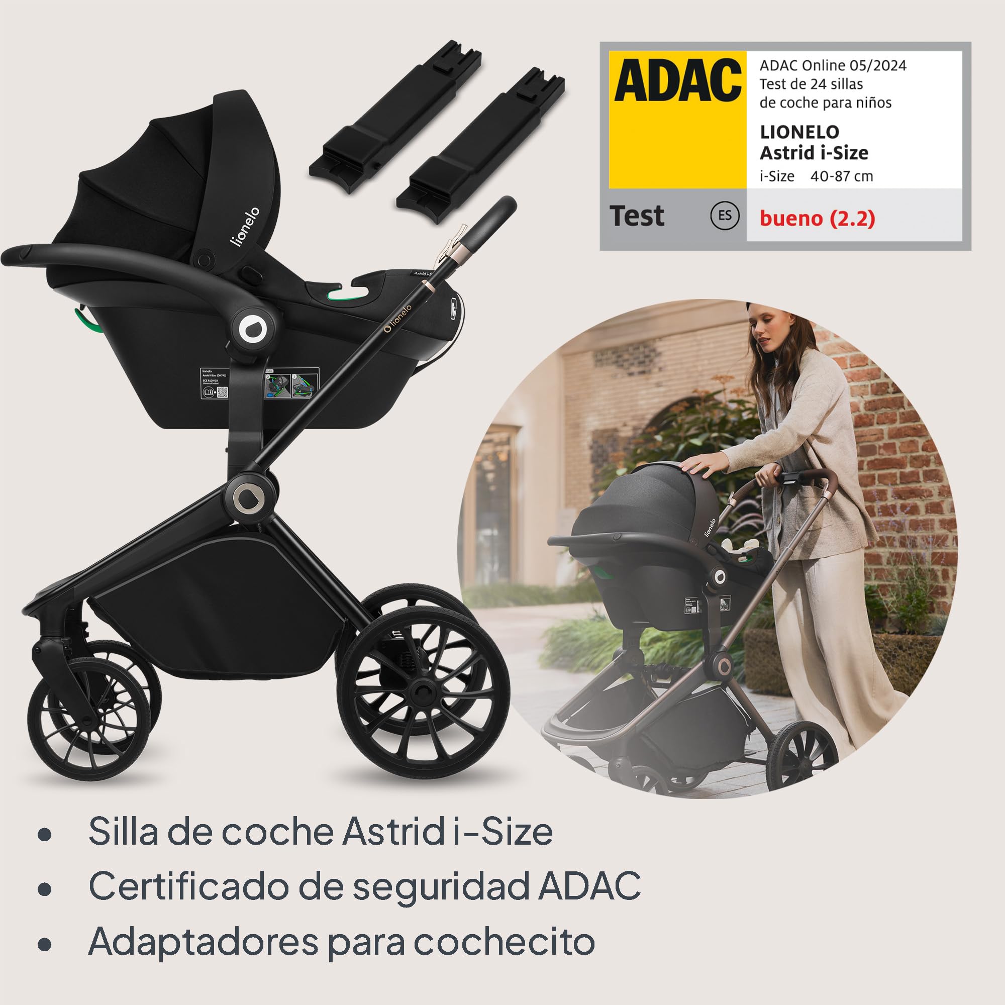 LIONELO MIKA PLUS 3 en 1 Silla de Paseo Bebe 0-48 meses a 22 kg Capazo hasta 9 kg Silla de Coche Portabebés hasta 13 kg, Respaldo Ajustable, Suspensión, Ruedas 360° Capota XXL Carrito de Bebe (Beige)