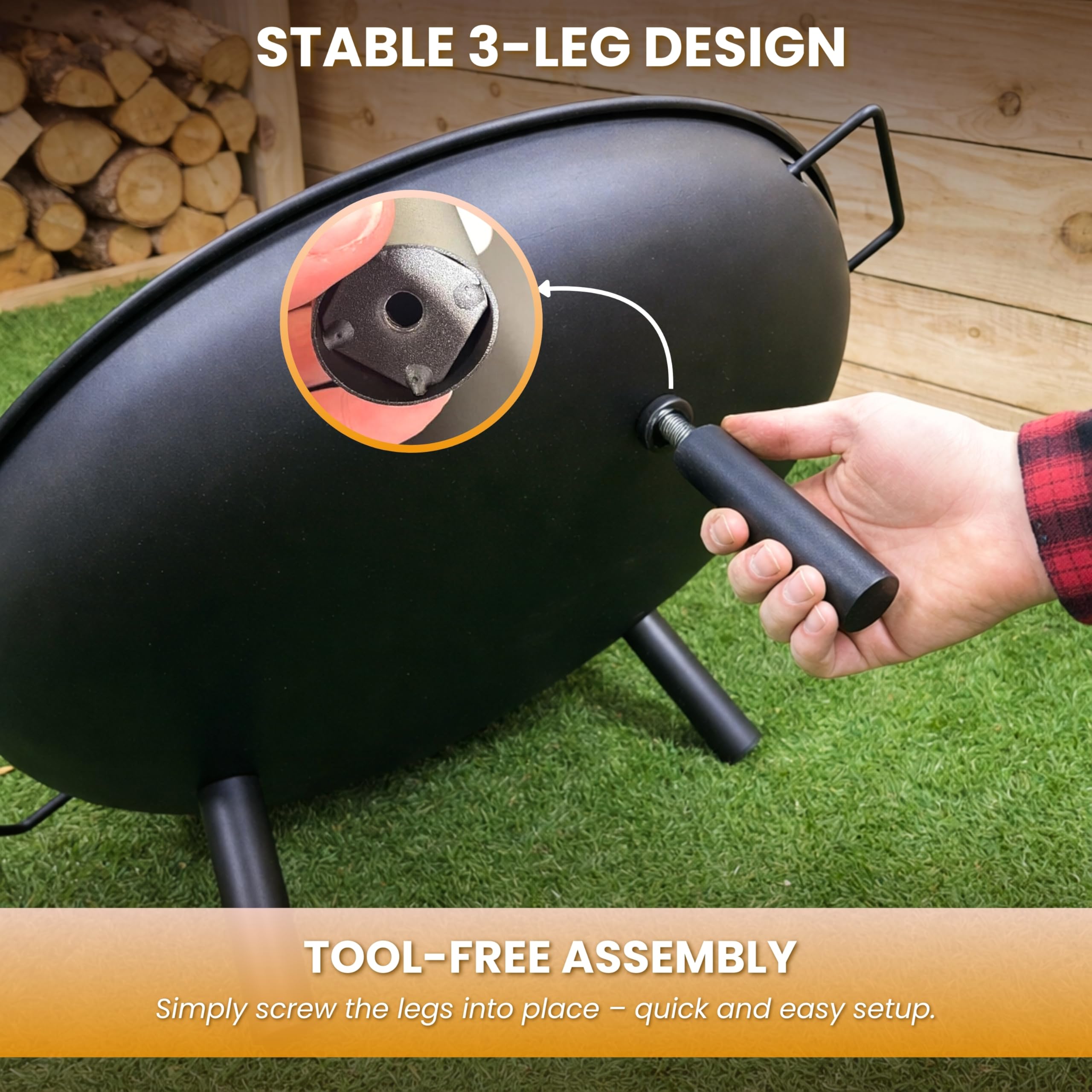Garden Mile Outdoor Fire Pit Bowl 58cm Large Round Steel Garden Fire Pit with Handles Portable Wood Burning Fire Bowl with 3 Legs Heat Resistant Powder Coated Firepit for Patio, Camping, Bonfire — view 5