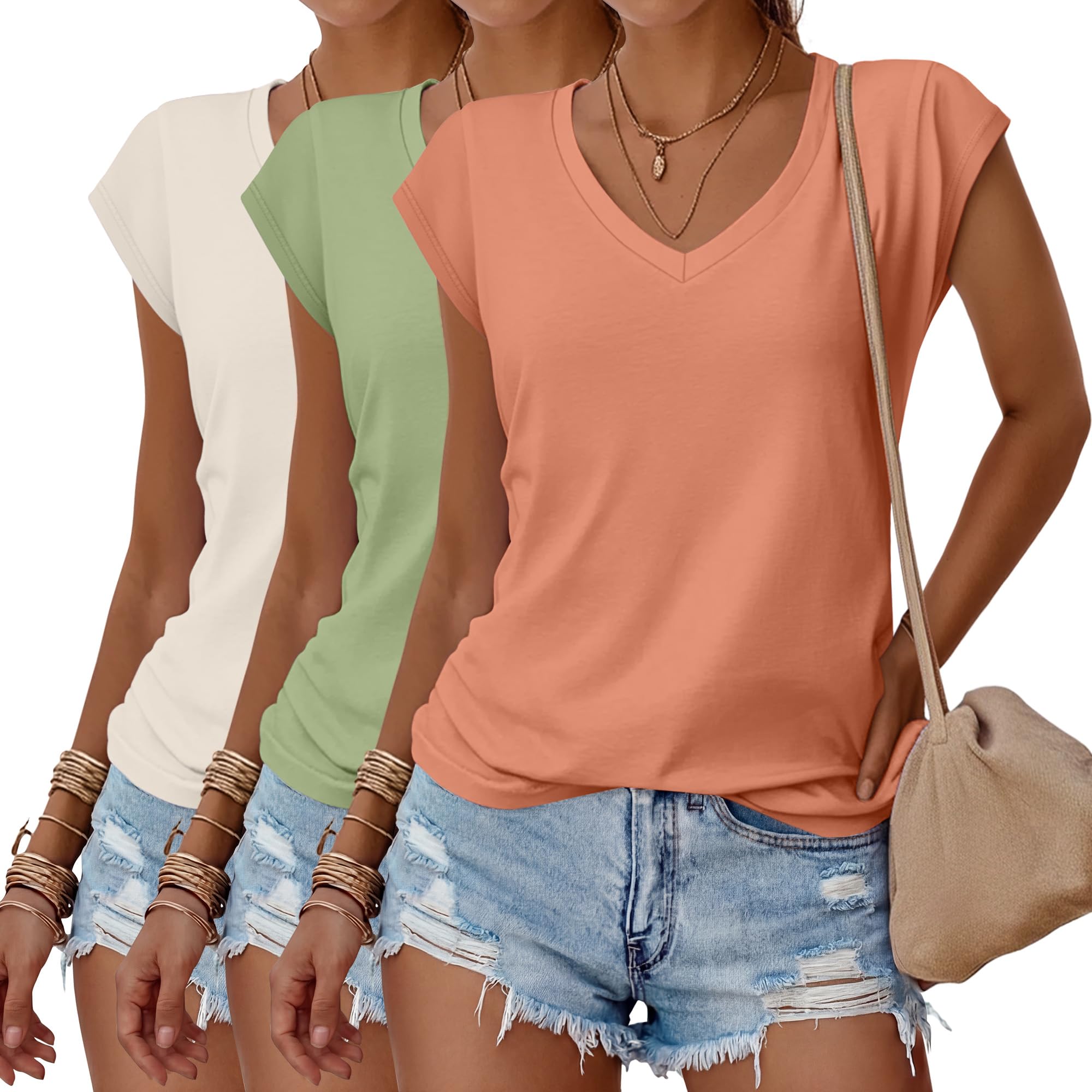 Huukeay 3 Pack Women’s V Neck T Shirts, Cap Sleeve Summer Casual Tops Loose Fit Short Sleeve Tees Basic Trendy Shirts