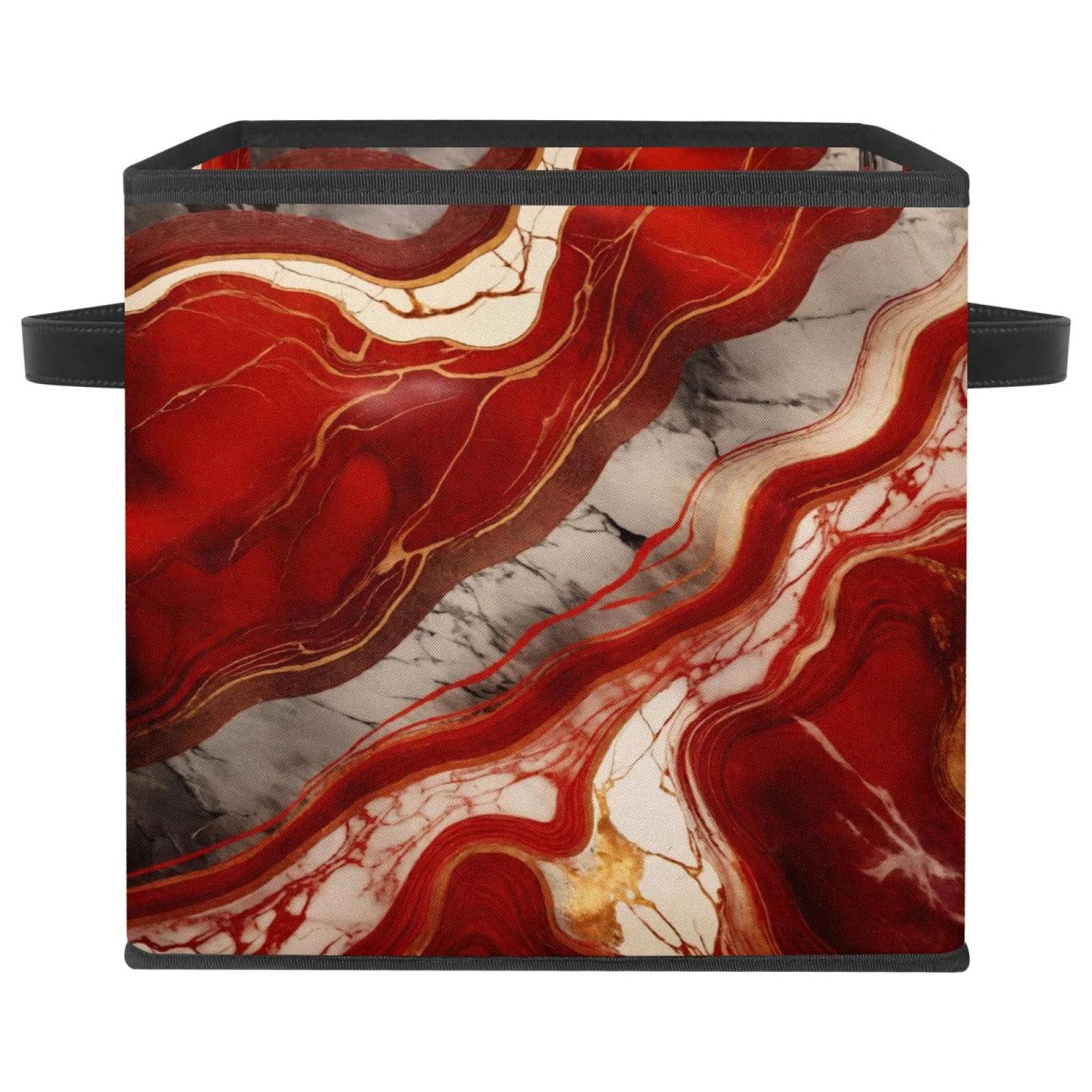 Boîte de rangement pliable effet marbre rouge avec poignées cuir pour décorer le salon