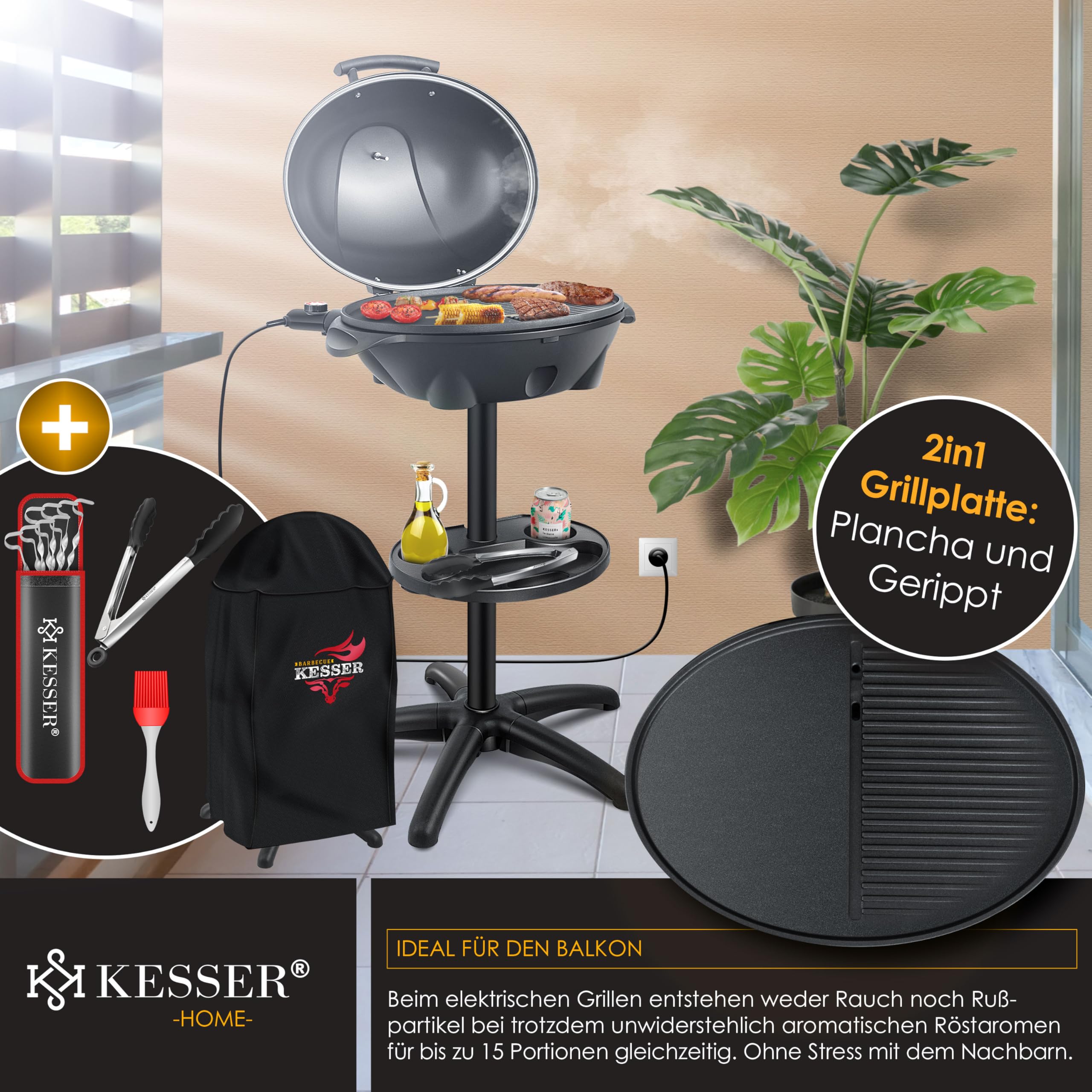 KESSER® Barbecue électrique 2 en 1, sur pied, couvercle, thermomètre, 2400 W, revêtement antiadhésif, plaque de cuisson XXL, rangement intégré