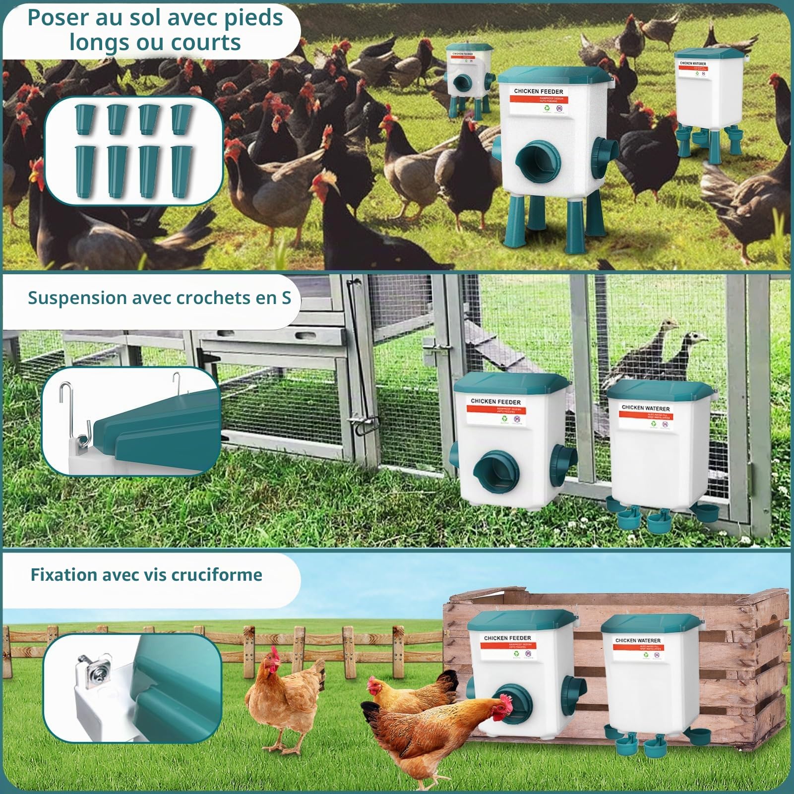 Mangeoire Poules Anti Nuisible PouleS, 12kg Mangeoire et Abreuvoir 11L pour Poulet, Sans Déchets et Abreuvoirs à Volaille, jusqu'à 20 Poussins et 12 Poulets Adultes