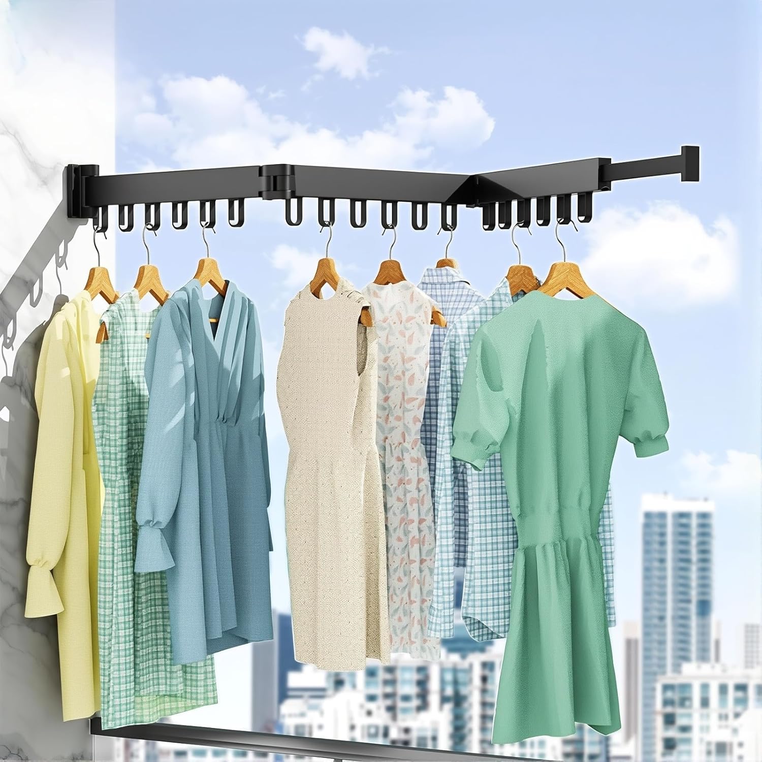 Foldable Clothes Drying Rack, Wall Mounted Retractable Hanger with 18 Hooks, No-Drill/Drill Dual Installation, Space-Saving Aluminum Laundry Rack for Balcony, Bathroom, Indoor Outdoor. (Black)
