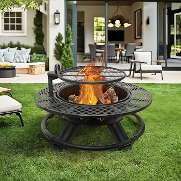 Bestier 47 inch Outdoor Fire Pit with Grill, Wood Burning Firepit,for Family Camping, Backyard, Bonfire Patio Picnic BBQ - Deer Head Style