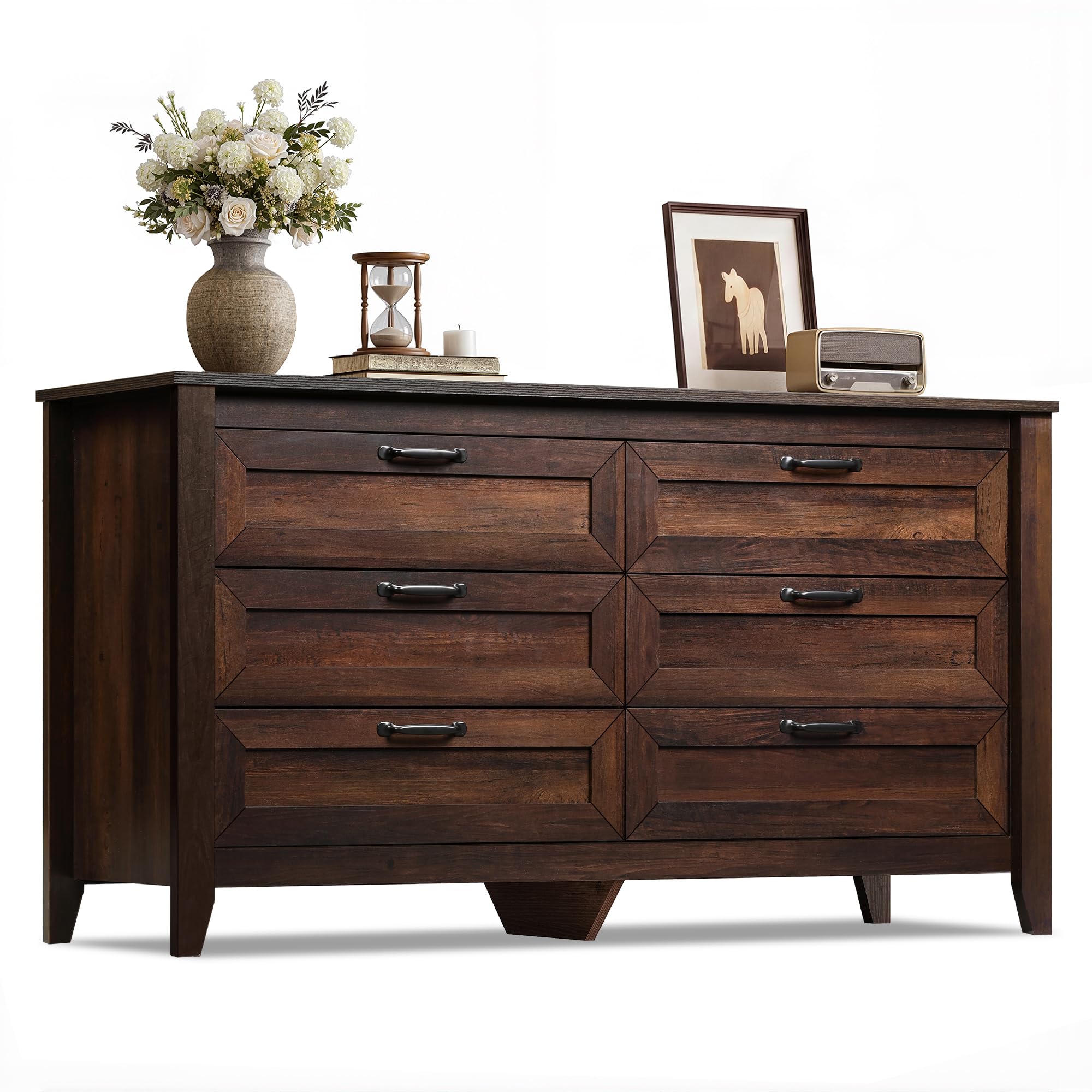 WLIVE 54 inch wooden 6 drawer dresser in rustic brown
