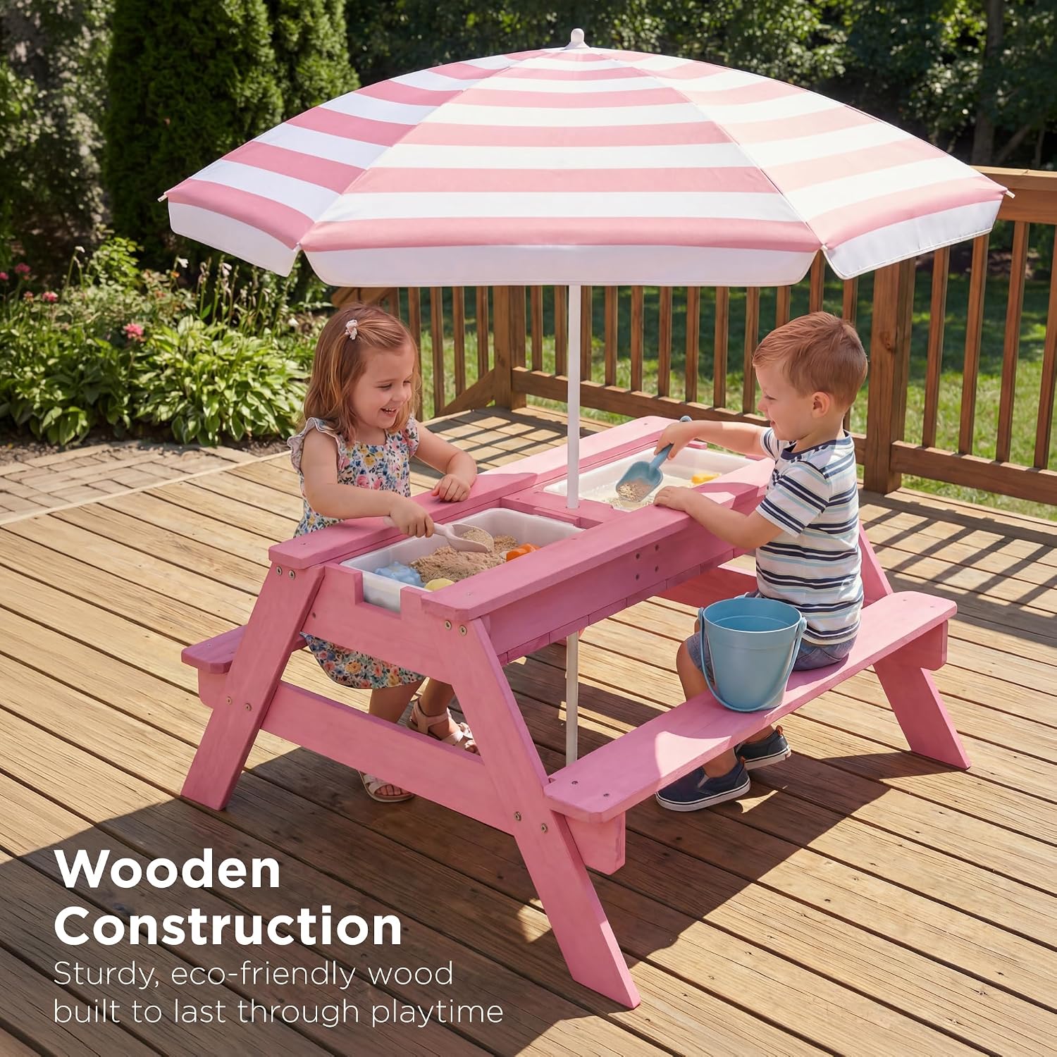Best Choice Products Kids Picnic Table with Umbrella, 3-in-1 Sand & Water Table, Outdoor Convertible Picnic Table for Toddlers, Seats 4, Removable Top, 2 Buckets - Pink