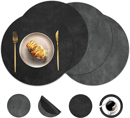 Miniatura 17 de Juego de 6 manteles individuales redondos y posavasos, manteles individuales reversibles lavables de cuero sintético con patrón de cuero de vaca,