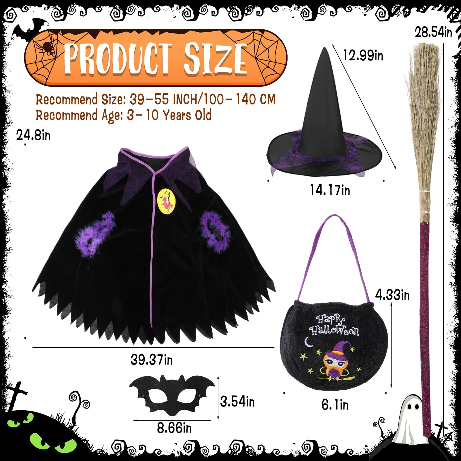 YEXEXINM Halloween Costume for Girls Wizard Cape Witch Cloak with Hat Broom Owl Bag Bat Mask Kids Wizard Witch Cloak Costumes Cosplay for Halloween Carnival Themed Parties - Image 2