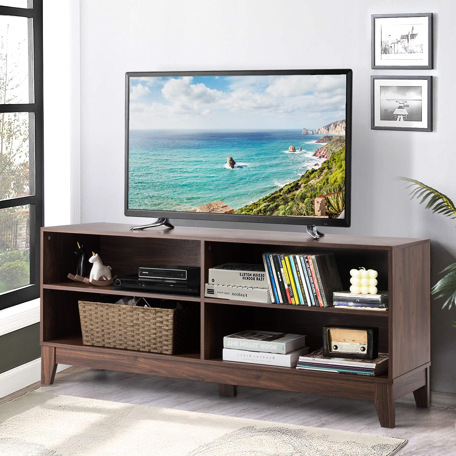 KOTEK Wooden TV Stand with Storage Shelves, TV Console for TV's up to 65