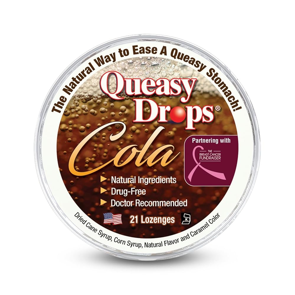Three Lollies Queasy Drops - Cola Flavor - Relief from Nausea & Travel Sickness, Soothes a Dry Mouth & Settles Stomach - Natural Ingredients - 21 ct