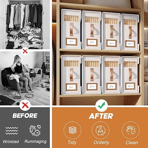 Miniatura 2 de Paquete de 6 organizadores de sábanas y almacenamiento (tamaño Cal King) con asas de cuero, organizador plegable de lino con ventana transparente,
