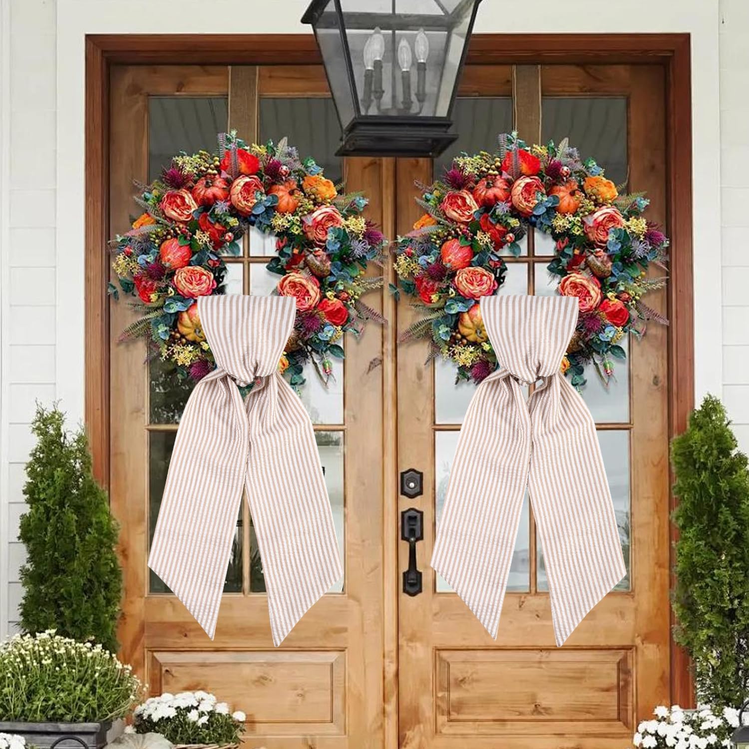 2 Pack Wreath Sash for Front Door, Brown Stripe Sash for Monogram Embroidery, Front Door Porch Decor, Christmas Wreath Accessories, 5'' W x 54'' L, Brown