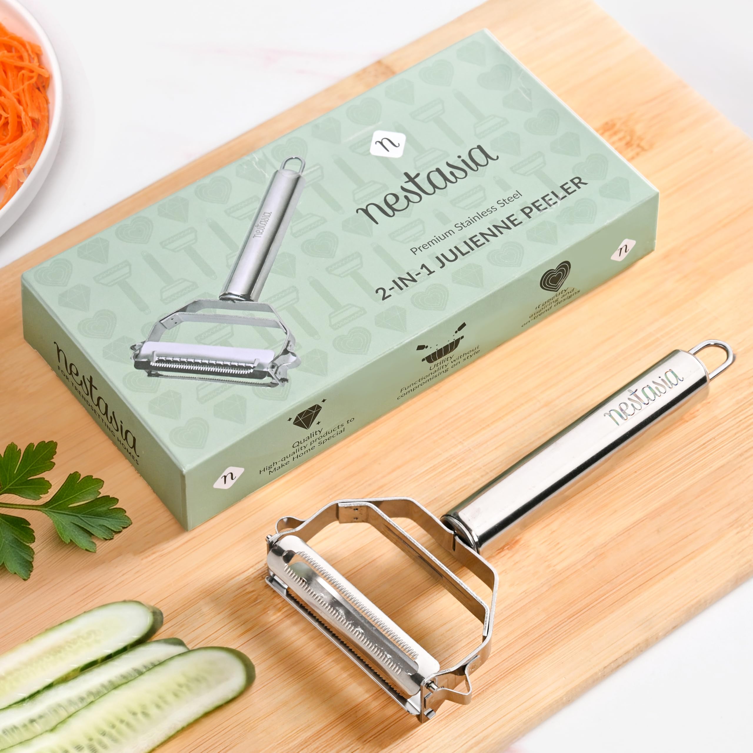 Nestasia 2 in 1 Stainless Steel Julienne Vegetable Peeler for Salad - Multifunctional Dual Blade Kitchen Shredder & Peeler for Fruits, Potatoes, Cucumbers & Carrots | Dishwasher Safe & Rust Resistant