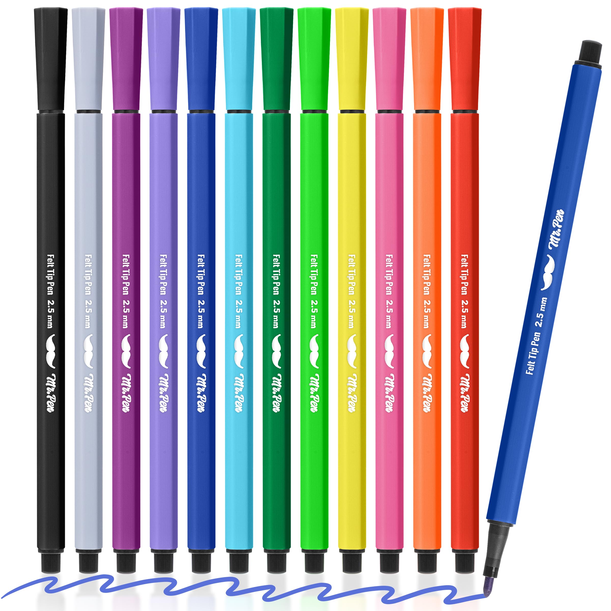 Mr. Pen- Felt Tip Markers, Assorted Colors, 12 Pack, 2.5 mm, Bold Felt Tip Pens, Bold Point, Journaling, Note Taking, Drawing