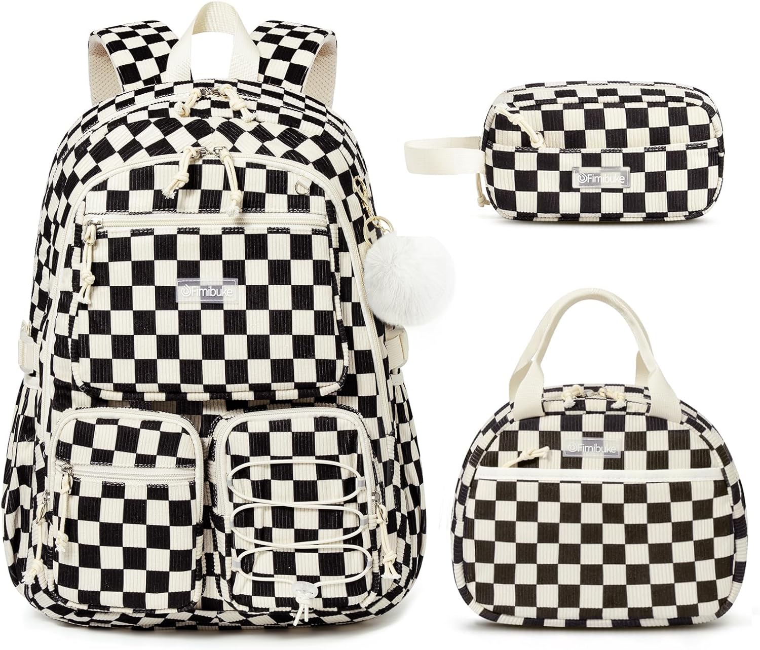 Fimibuke School Backpack for Girls Boys - 3PCS Corduroy Kids Backpack Set with Lunch Box & Pencil Pouch, Lightweight Teen Girls School Bag Laptop Bag Travel Daypack for Elementary Middle High School