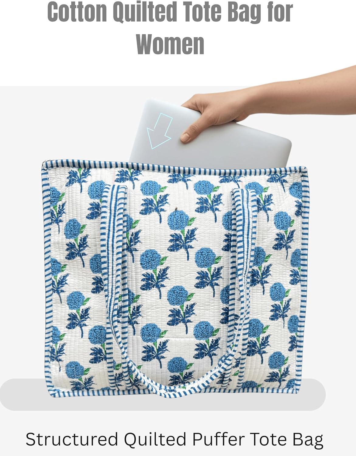 100% Cotton Quilted Tote Bag 18x16– Large Zipper Beach Bag & Travel Bag Green Purse Reusable Grocery Bags - Image 6