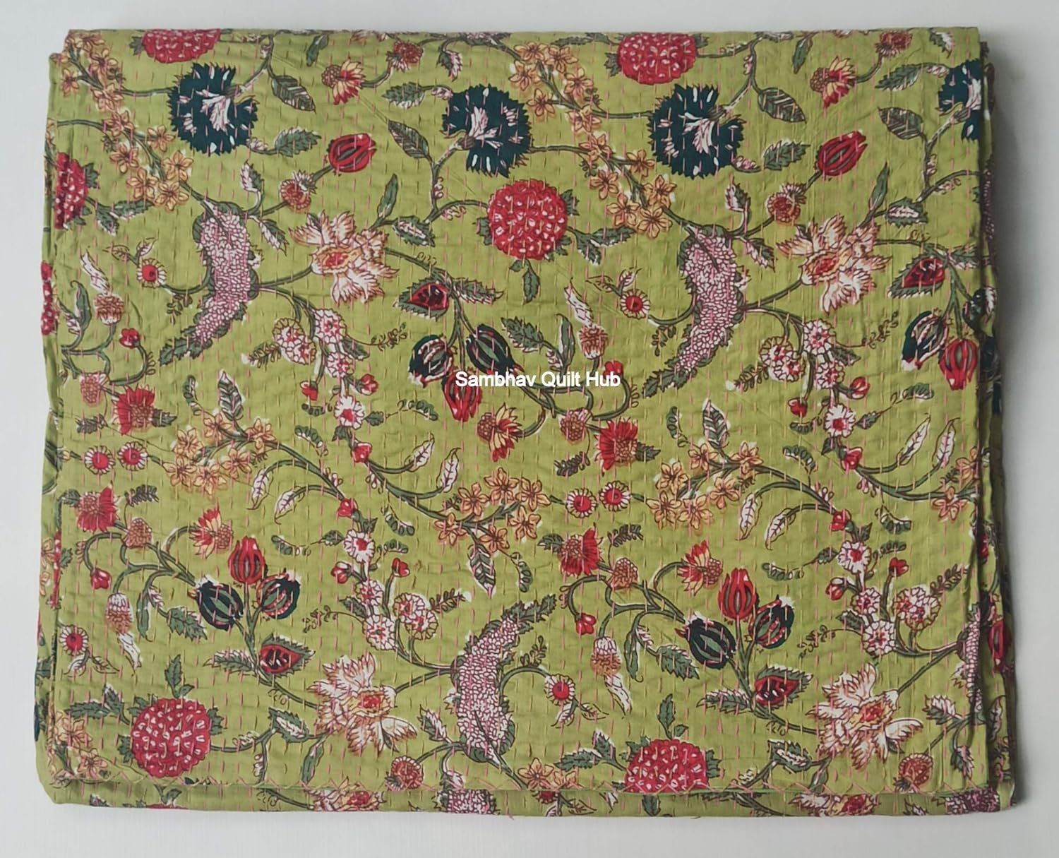 Green Handblock Home Decor Quilt Floral Elephant Print Handmade Quilted Kantha Bedspread Boho Bedding Queen Size/King Size Bed Cover Block Throw Kantha Quilt