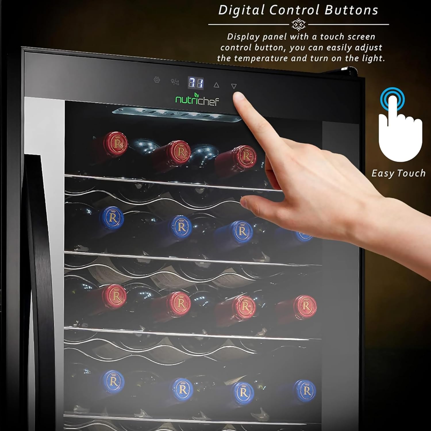 NutriChef 28 Bottle Wine Fridge | Single Zone Red & White Wine Chiller | Adjustable Temperature 41°F to 64°F | Ultra Quiet Operation | Wine Cooler For Home & Office | Free Standing 33x16x17 IN | Black