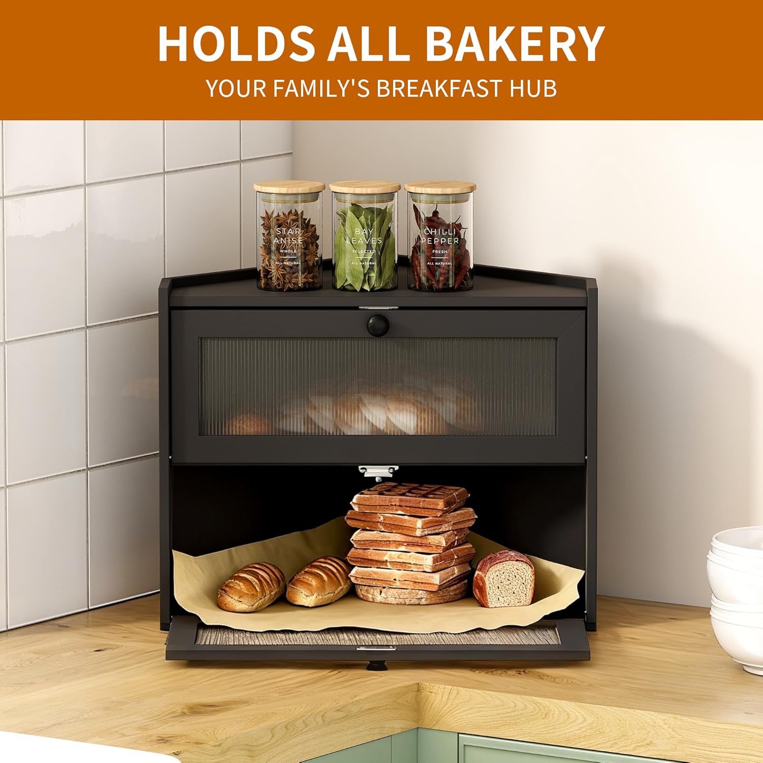 2 Tier Bread Box, Natural Bamboo Wood Bread Storage Container Cabinet with Window for Kitchen Countertop, Space Saver Handmade Sandwich Bread Keeper for Home Bakery (Black Corner Breadbox)