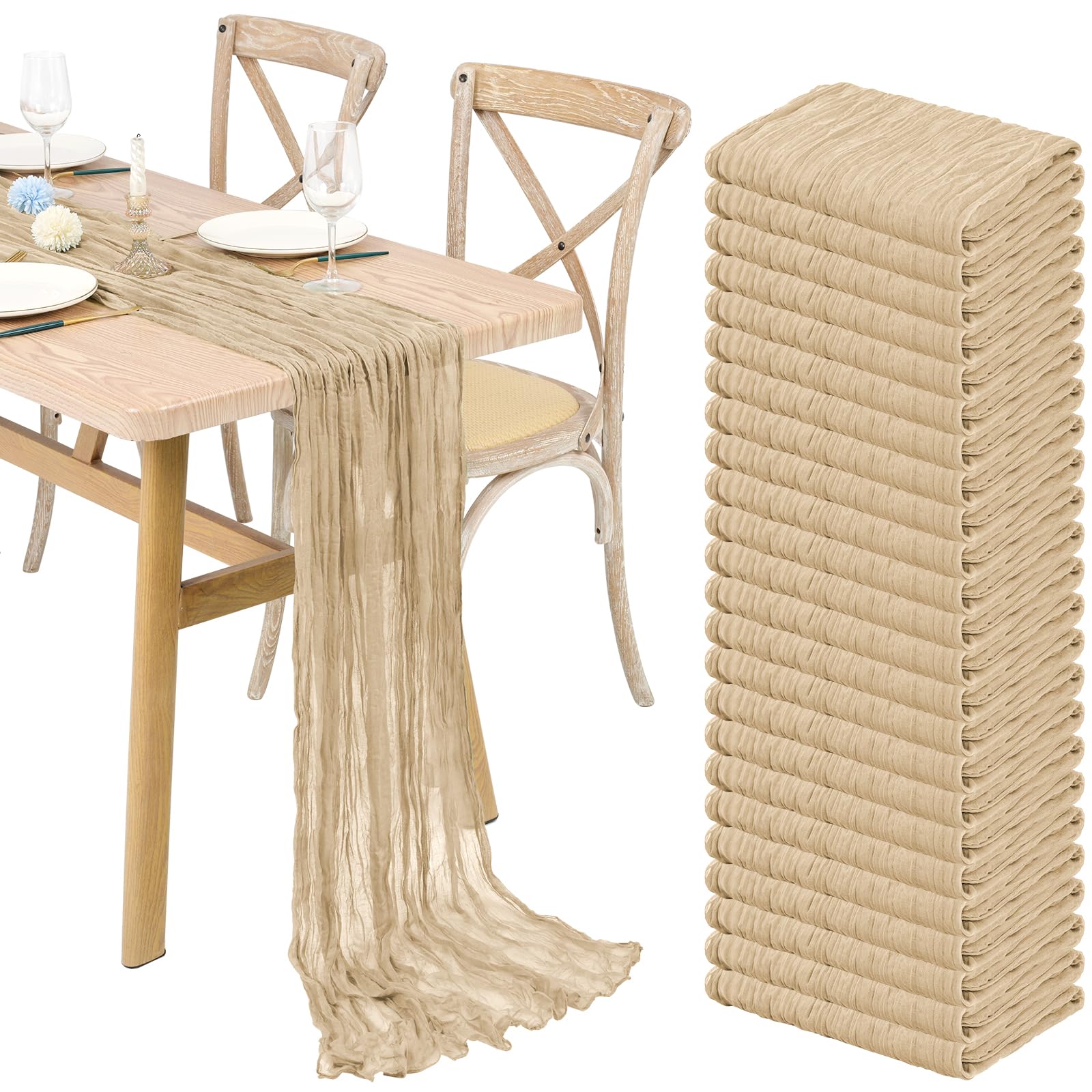 24 pack beige cheesecloth table runner gauze table runner 21.5 x 157inch long semi-sheer table runner boho or rustic wedding table decor for wedding decor arch draping bridal shower holiday party