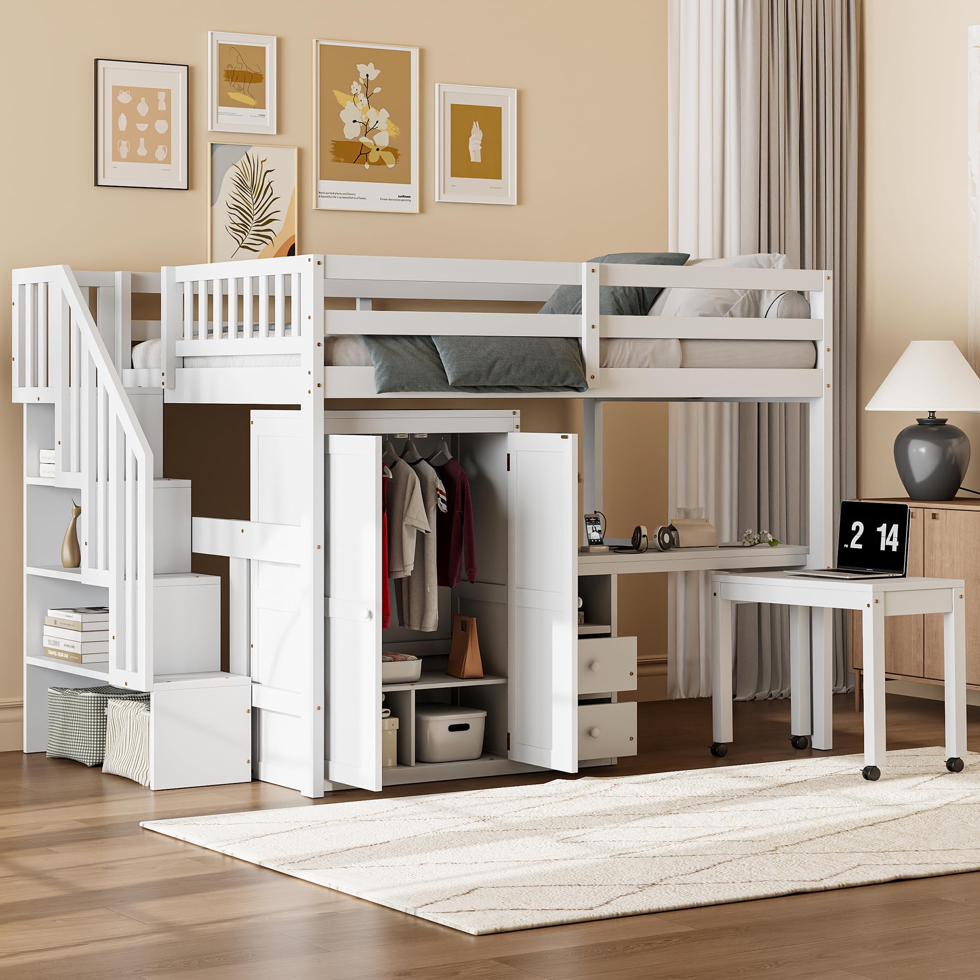 LOPOO Full Size Loft Bed for Kids & Teens, Stylish Space-Saving Furniture with Desk, Wardrobe & Drawers, White Finish