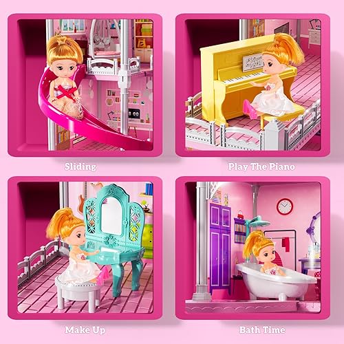 Miniatura 11 de Juego de villa para niñas de 3 a 7 años, juego de interior para niñas de 6 a 8 años con 4 pisos, 11 habitaciones, 2 muñecas, muebles y accesorios