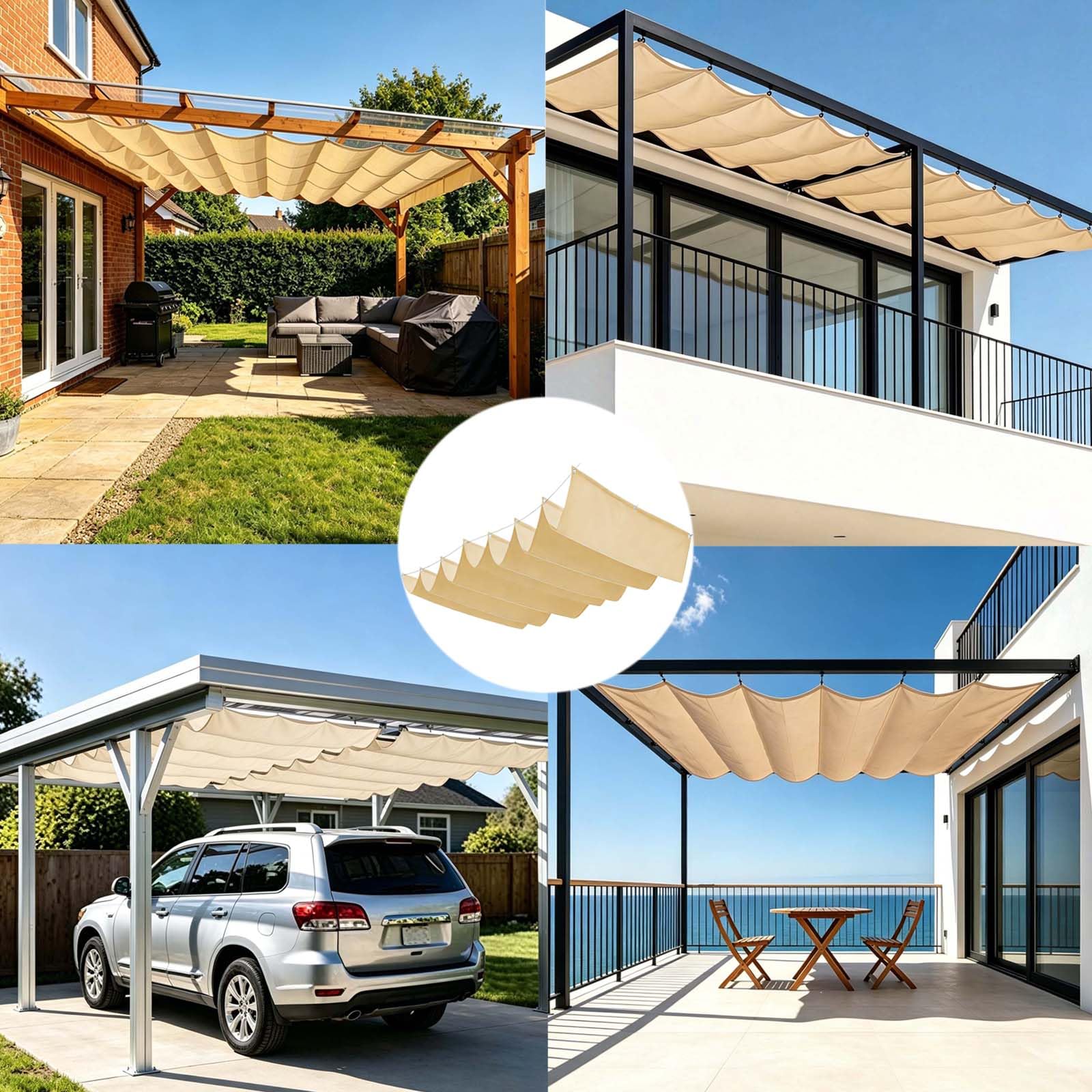 Vela Parasole Ondulata Retrattile 100 x 800 cm Protezione Solare Schermo UV con Funi di Tensione Tenda da Sole per Esterno Vela Parasole per Piscinae Terrazza, Giallo sabbia