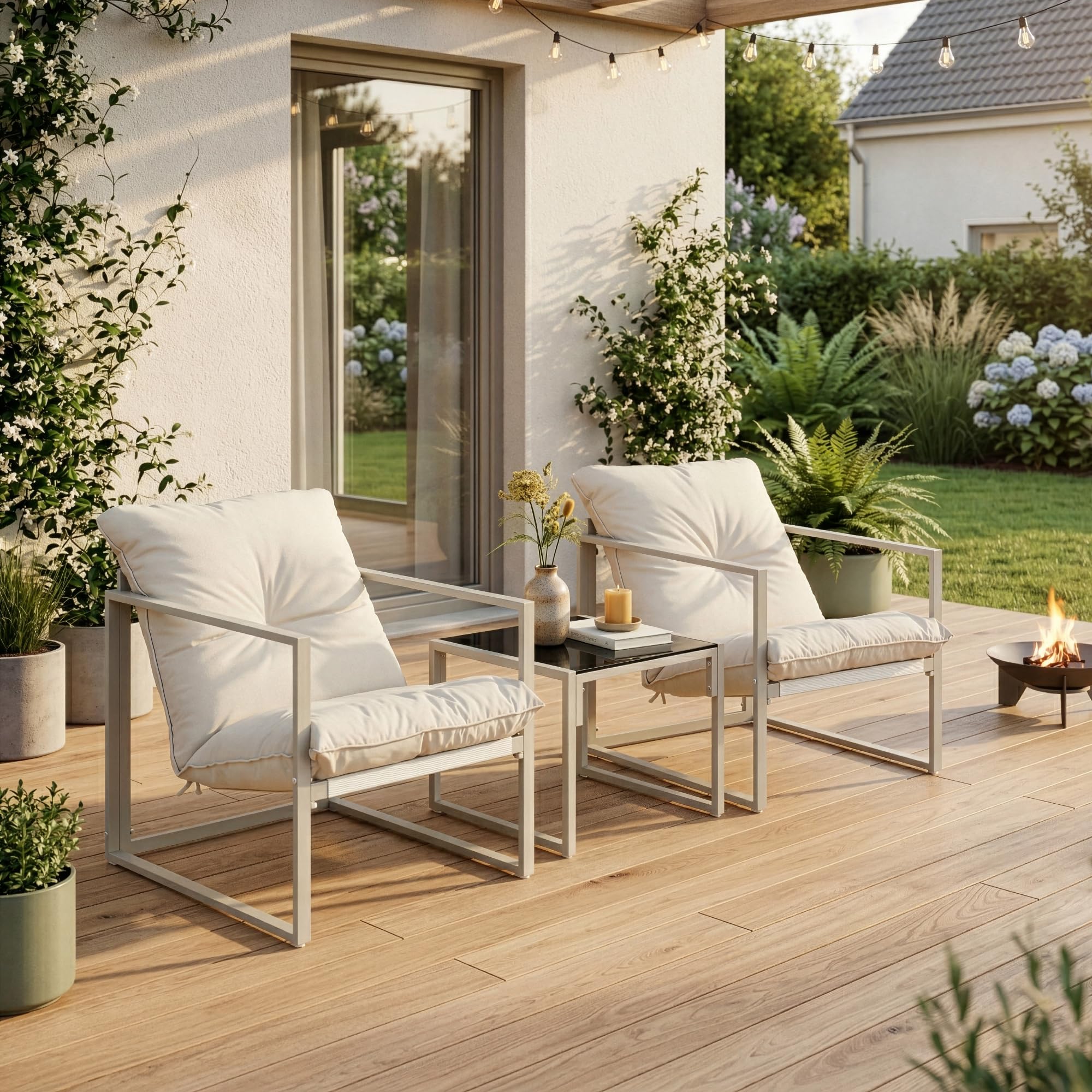 casa.pro Gartenmöbel Set Karg Balkonmöbel 3-teilig Garnitur Outdoor Lounge Tisch mit 2 x Sessel wetterfest Couchtisch mit Glasplatte Gartenstühle Metall Beige