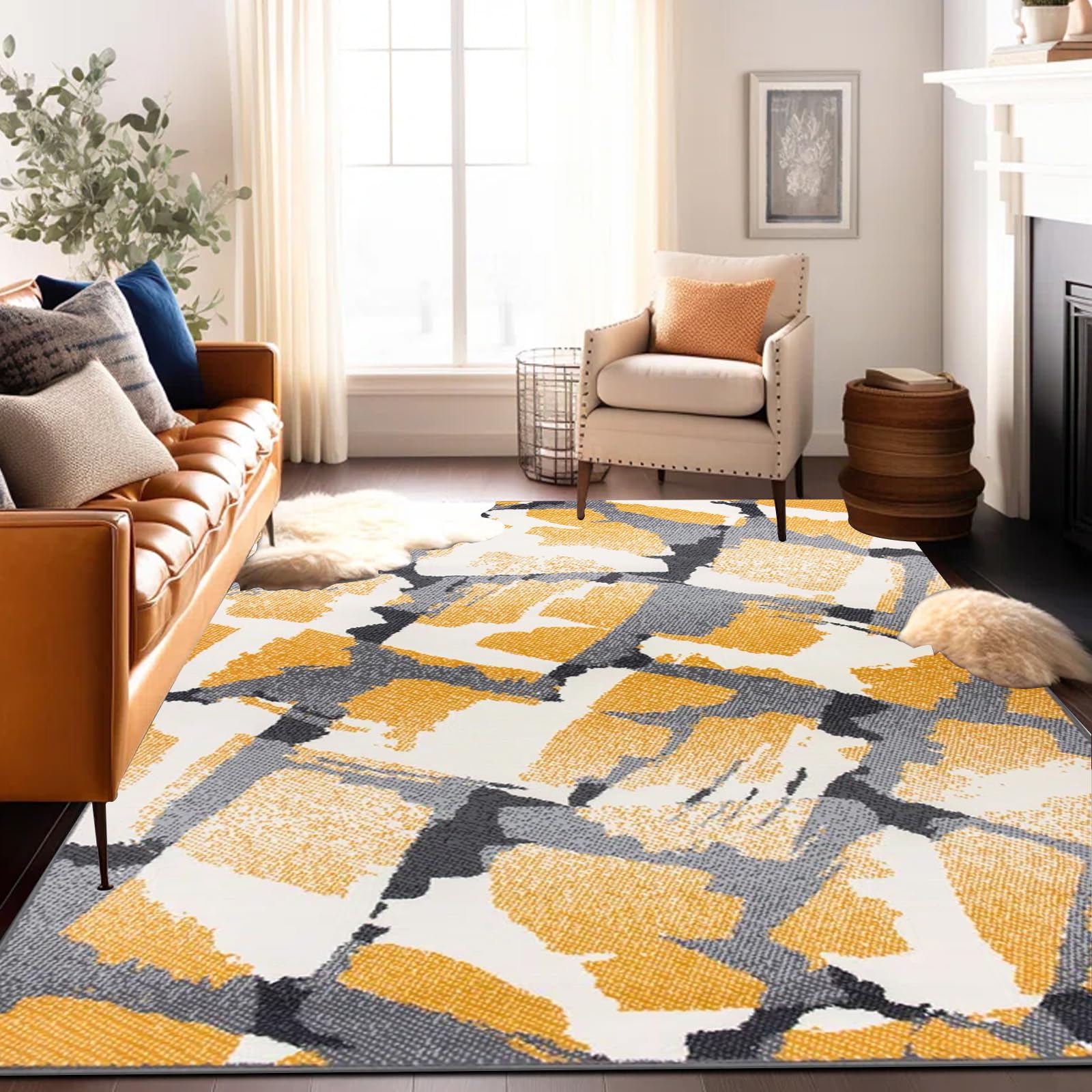 Tapis à poils courts doux et confortable, revêtement de sol jaune ombré