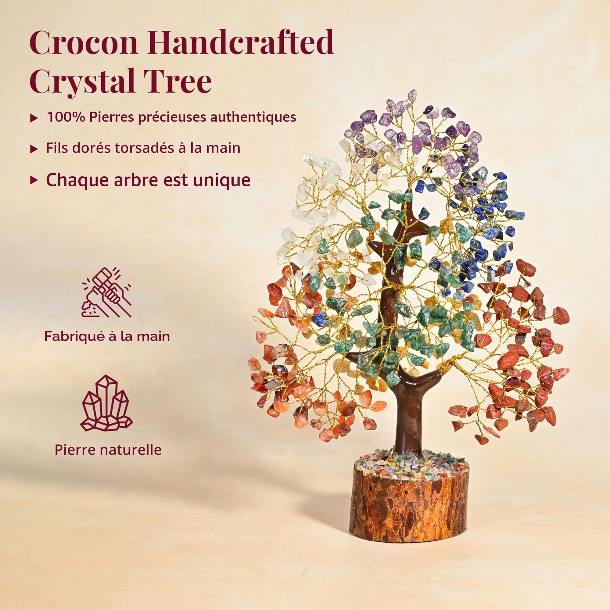 Arbre de vie en cristal 7 chakras – Bonsaï Feng Shui fait à la main, attire la chance – Arbre en pierres précieuses, cristaux de décoration d'intérieur – Arbre à sept chakras pour énergie positive,