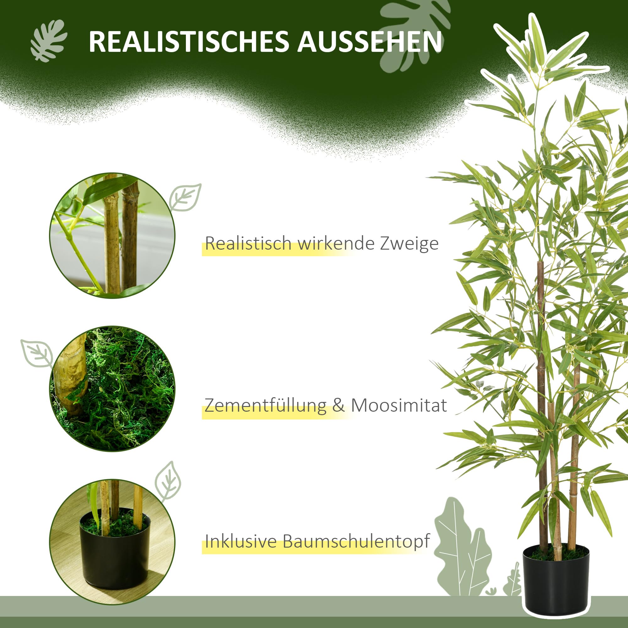 HOMCOM Künstliche Bambus groß 120 cm Kunstpflanze 2er Set mit Kunstmoos | Künstliche Pflanzen im Topf, Kunstbambus wie Echt, für Wohnzimmer Schlafzimmer Büro Garten, Geschenk