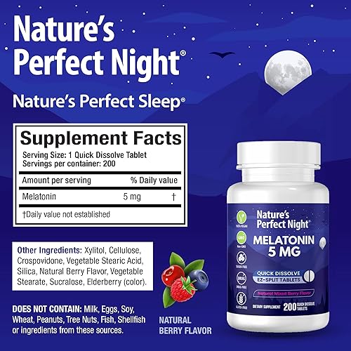 Miniatura 2 de Nature's Perfect Night Paquete  Melatonina 5 mg  Melatonina para niños de 1 mg  200 unidades  100 unidades  Sin azúcar  Sin gluten  Sin OMG  Vegano
