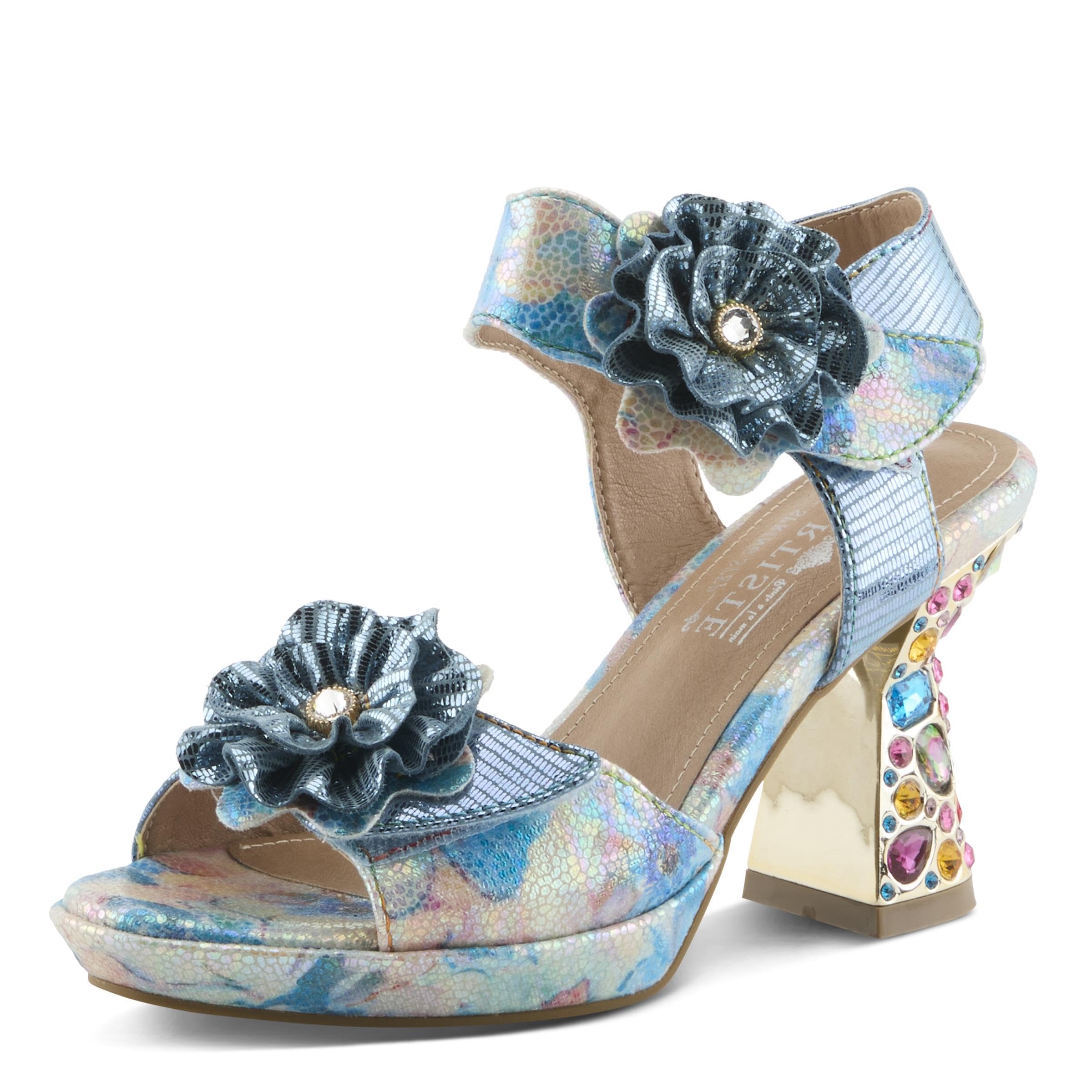 Spring Step L'Artiste Women's SMASHING Metallic Leather Sandals - Opulent Decorative Flowers, Sculpted Jewel Heel, Wearable Art Footwear