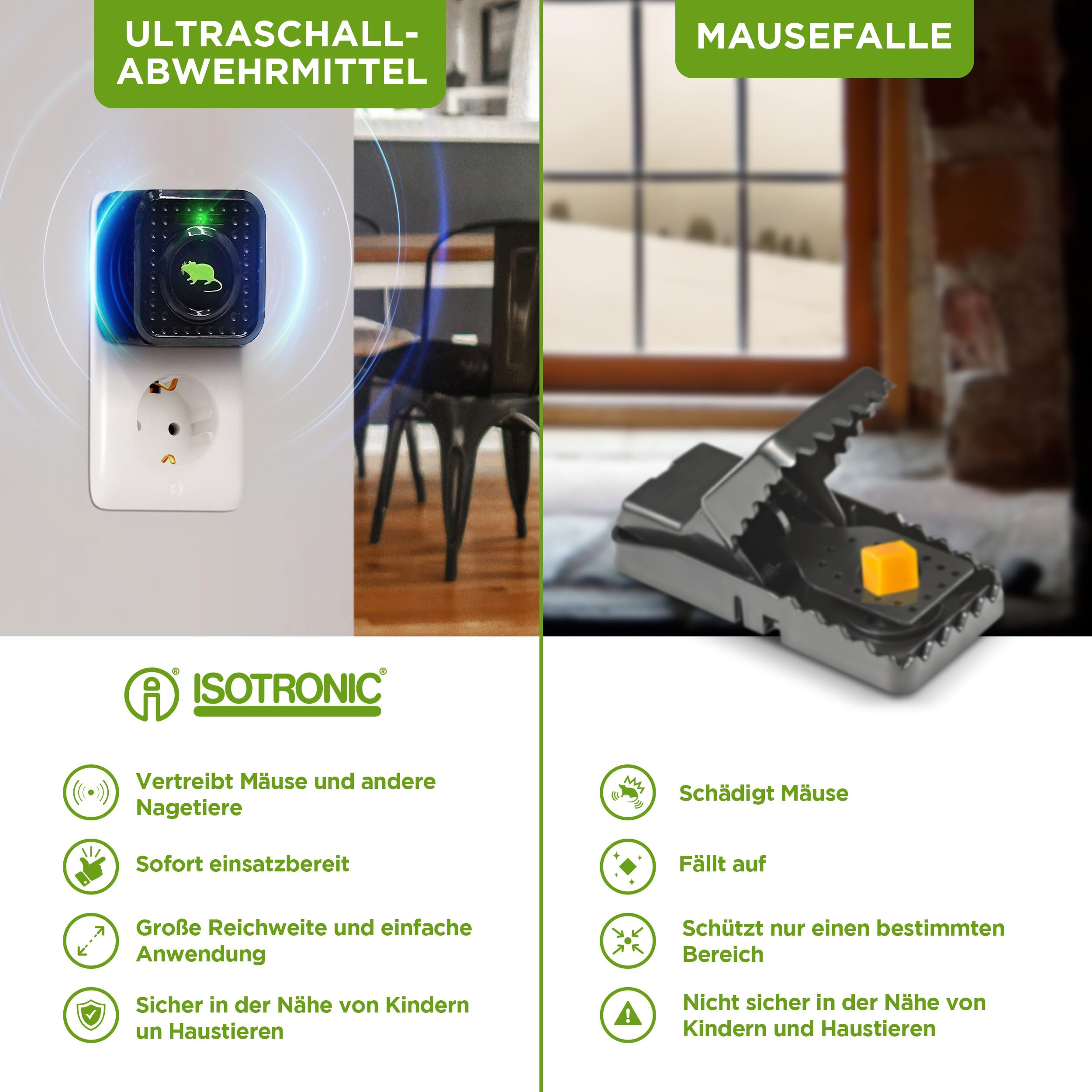 ISOTRONIC Ultraschall Mäuseabwehr zum Mäuse & Ratten vertreiben – Schädlingsvertreiber für Innenräume inkl. Nachtlicht – Mäuseschreck ohne Gift & Mausefalle – 30m² Wirkungsbereich (5 Stück)