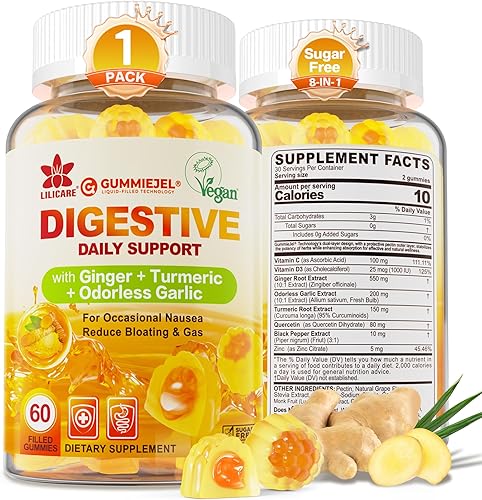 Gomitas masticables de jengibre para náuseas y apoyo digestivo, alivio del estómago, sin azúcar con cúrcuma y ajo inodoro, quercetina, vitamina D3,