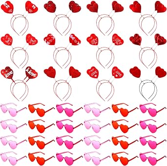Tellegloww 48 Pcs Valentines Day Headband and Heart Glasses Bulk Galentines Day Party Favors Heart Shaped Headband Cupid Accessories for Women Men Valentines Props Wedding Birthday Decorations