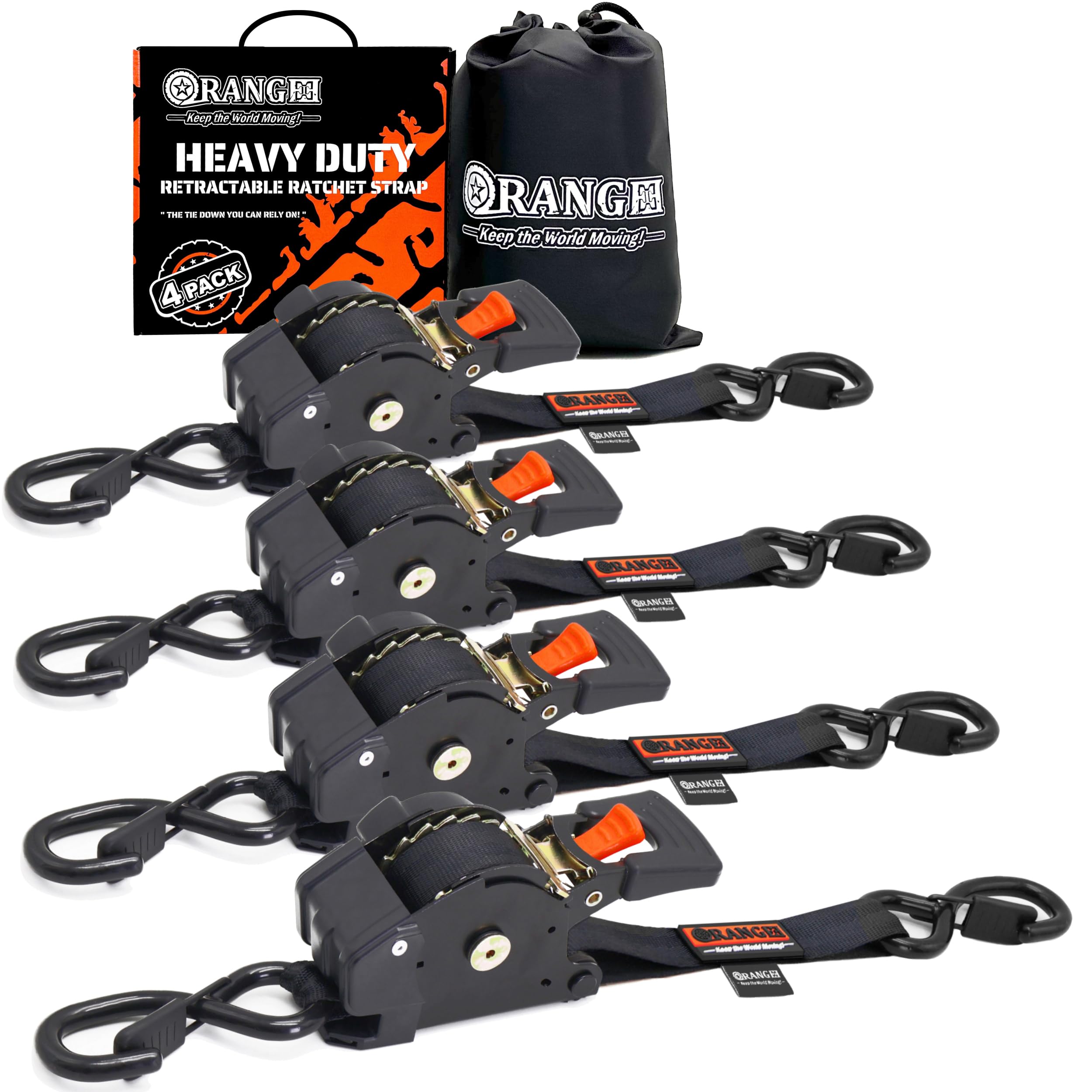 ORANGEE® Confezione da 4 cinghie a cricchetto retrattili per carichi pesanti, 2,5 cm x 3,5 m, perfette per fissare carichi, moto e barche, resistenza minima alla rottura 0,9 kg per cinghia, nero