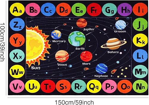 Miniatura 2 de Alfombra para niños Outer Space para sala de juegos, alfombra de área de aprendizaje educativo ABC, antideslizante del sistema solar, alfombra de